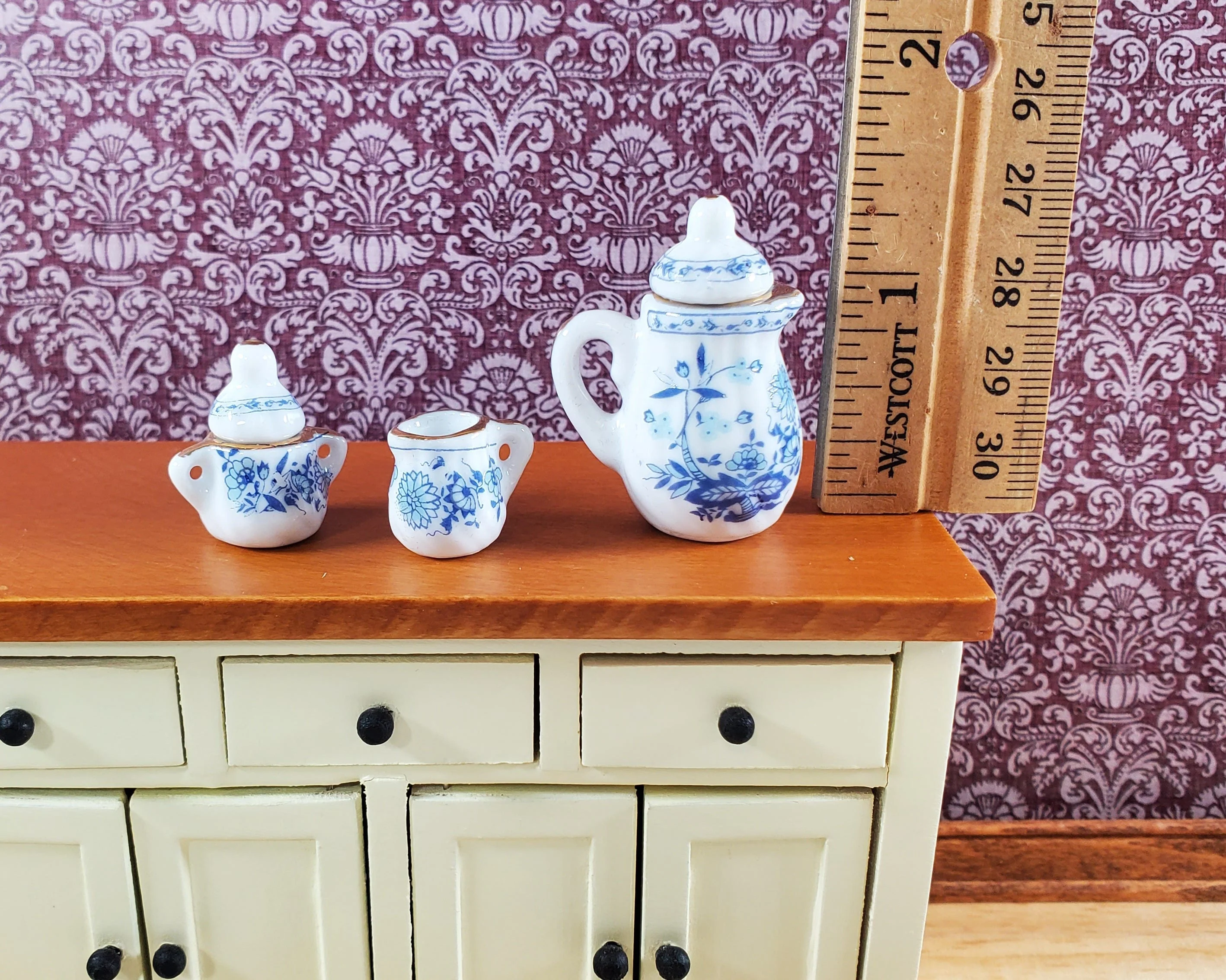 Dollhouse Coffee Set with Plates Blue White Floral Ceramic 1:12 Scale Miniature - Image 5