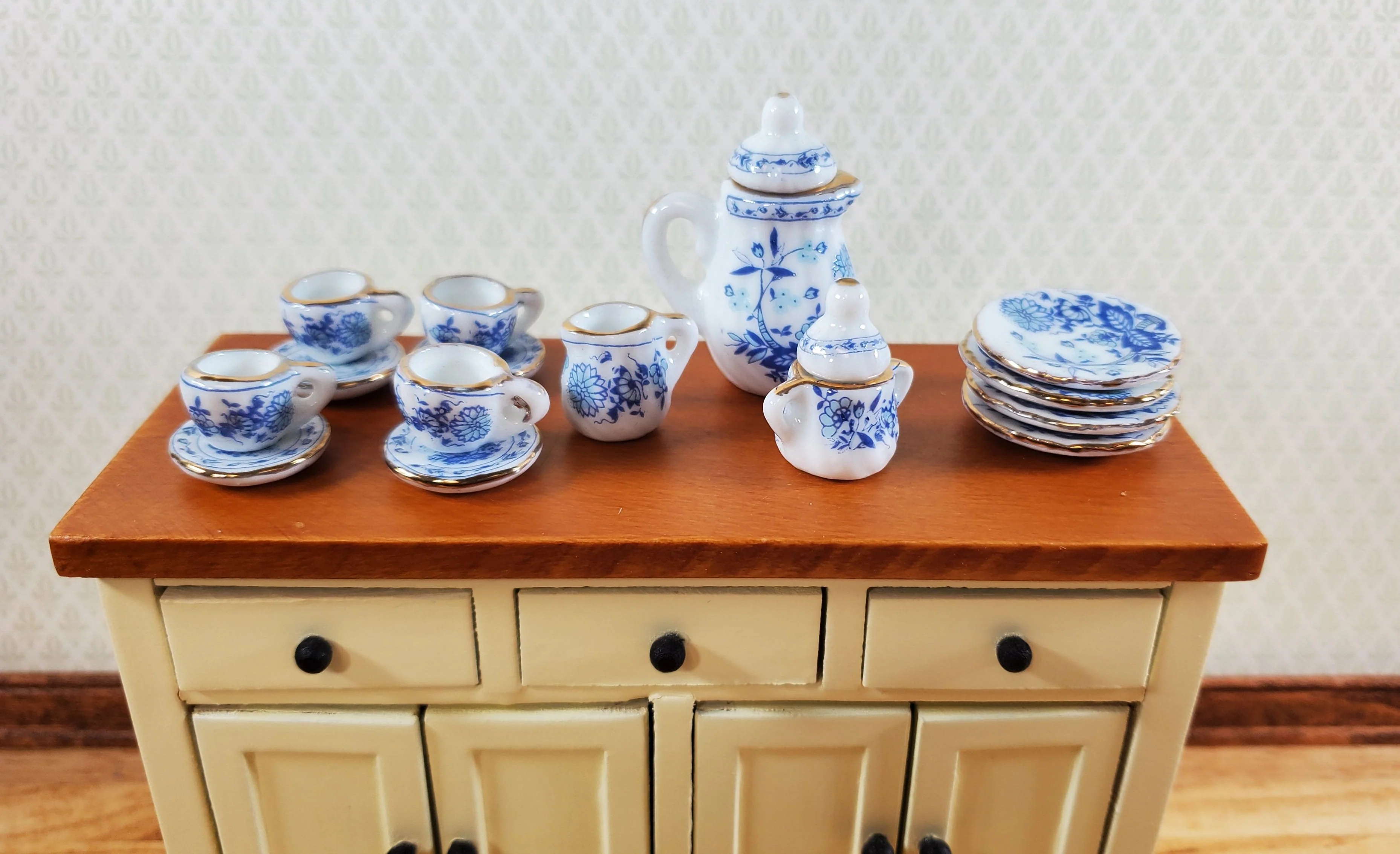 Dollhouse Coffee Set with Plates Blue White Floral Ceramic 1:12 Scale Miniature - Image 7