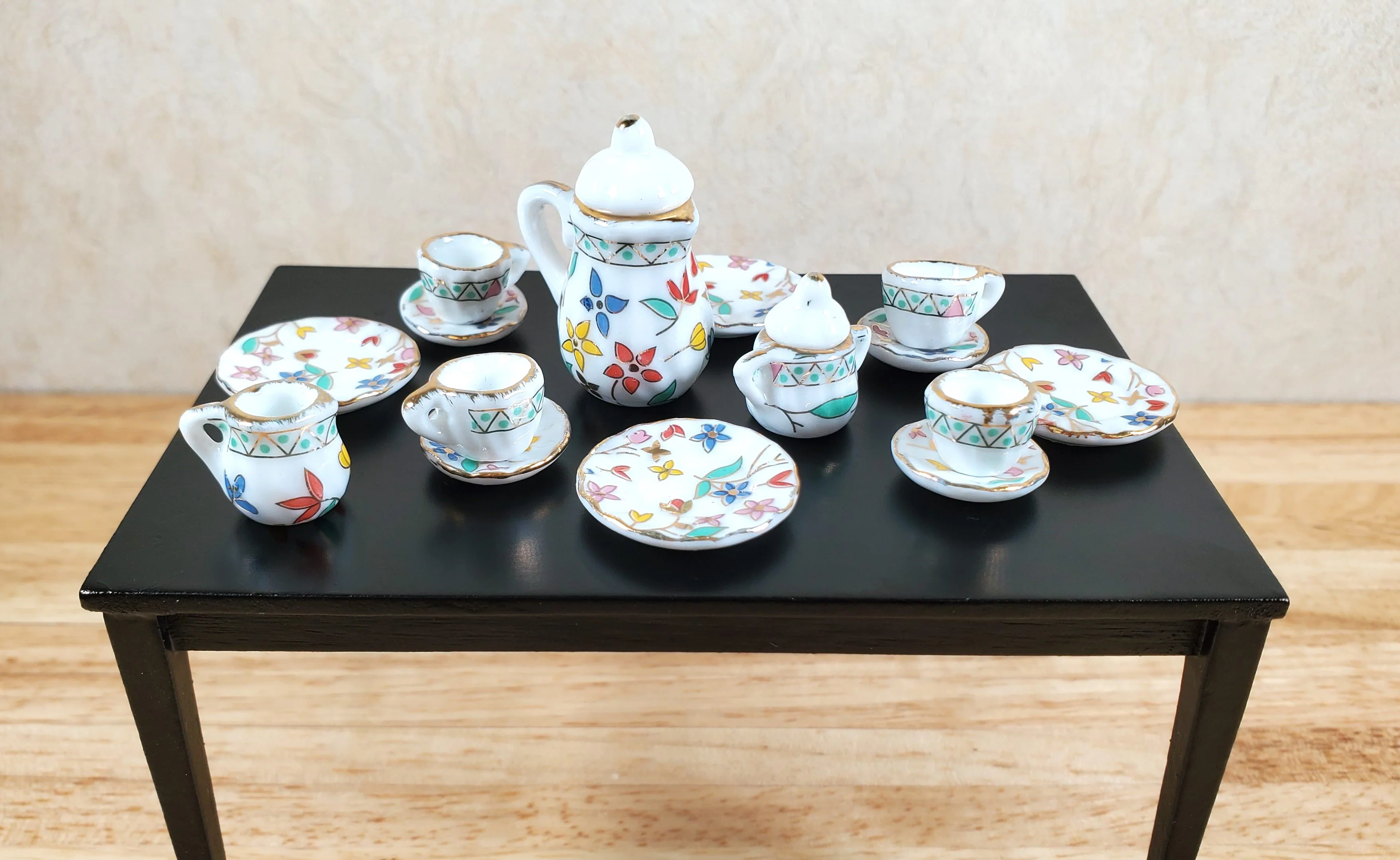 Dollhouse Coffee Set with Plates Ceramic Whimsey Flowers 1:12 Scale Miniature