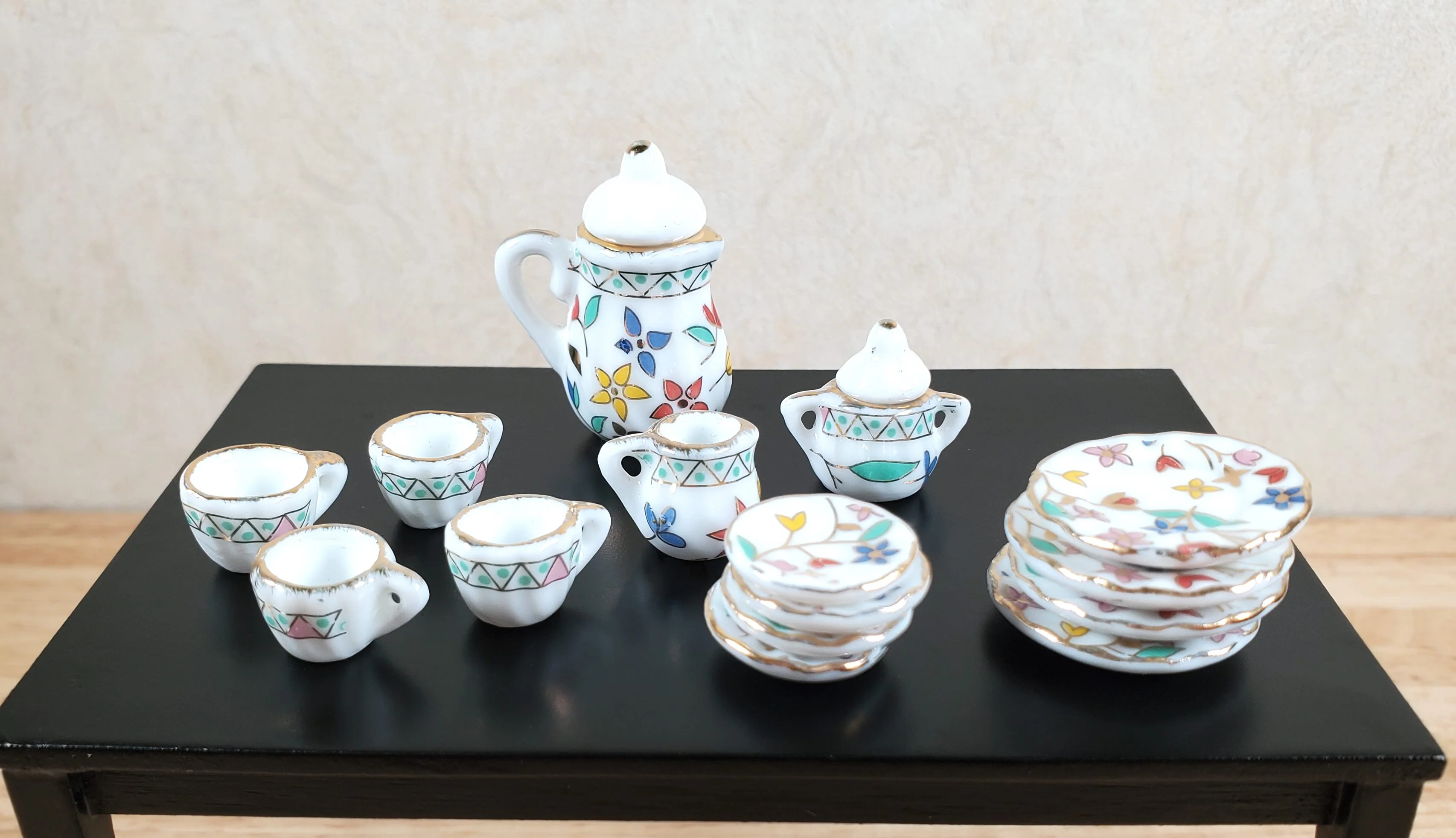 Dollhouse Coffee Set with Plates Ceramic Whimsey Flowers 1:12 Scale Miniature - Image 2