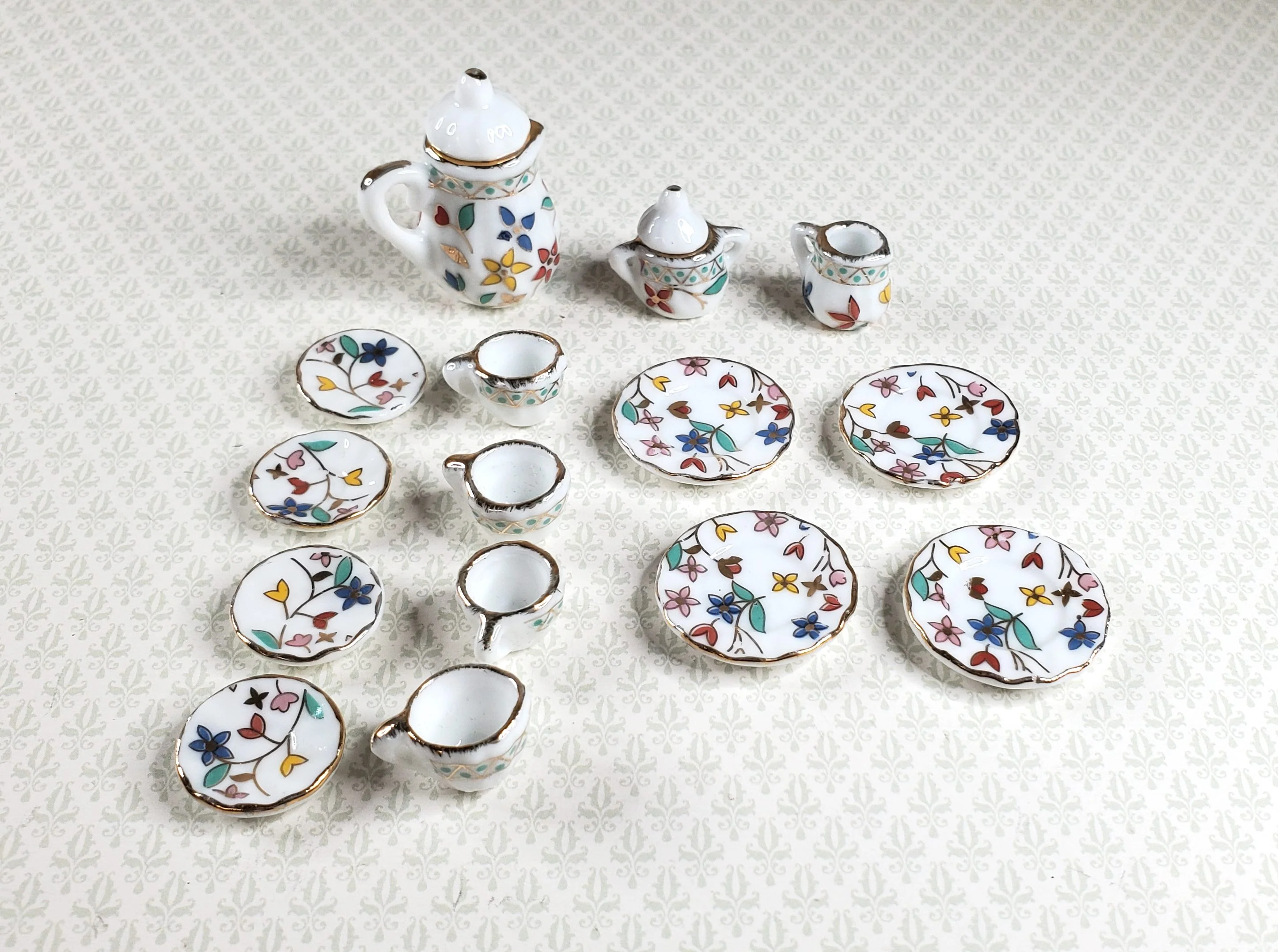 Dollhouse Coffee Set with Plates Ceramic Whimsey Flowers 1:12 Scale Miniature - Image 3
