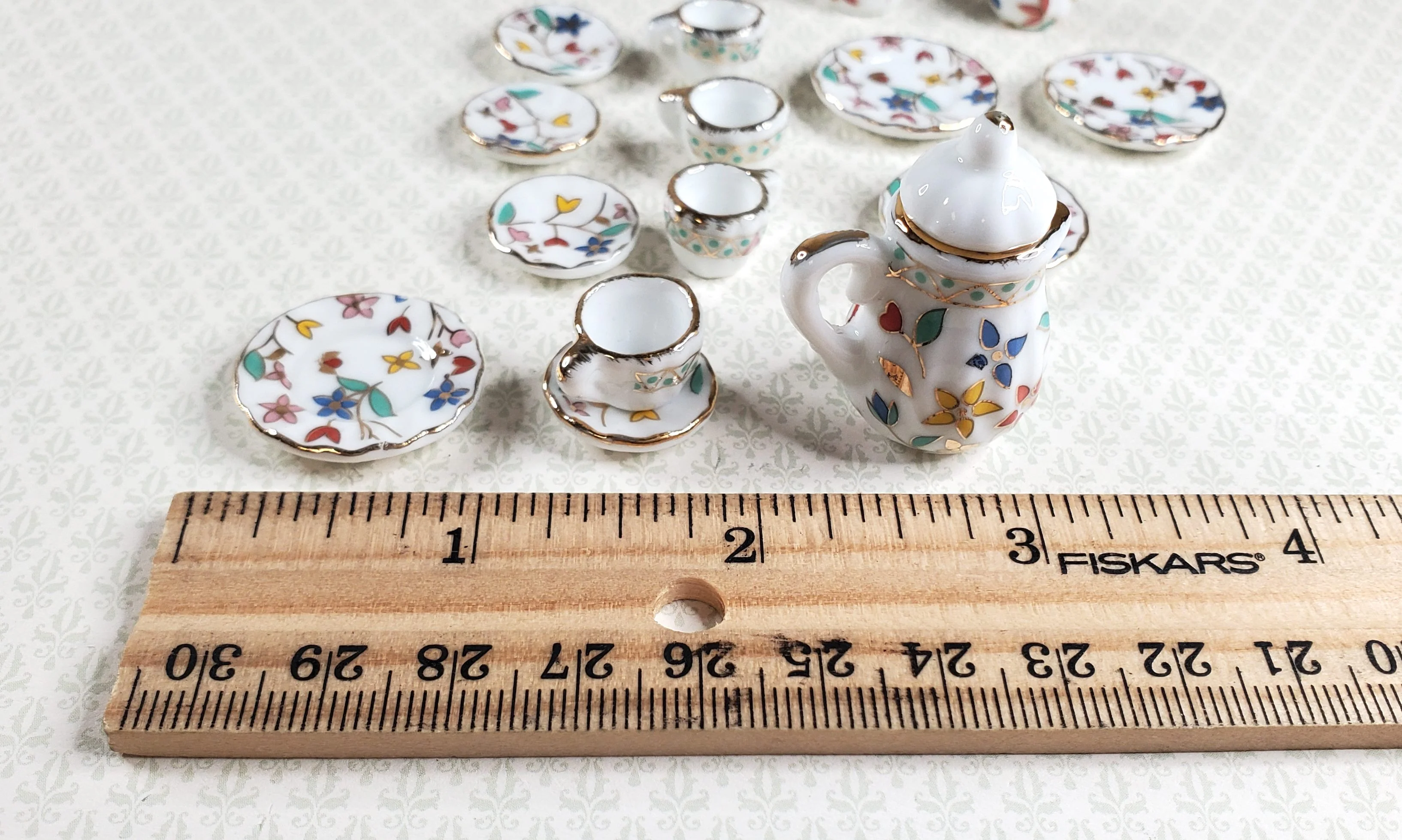 Dollhouse Coffee Set with Plates Ceramic Whimsey Flowers 1:12 Scale Miniature - Image 4