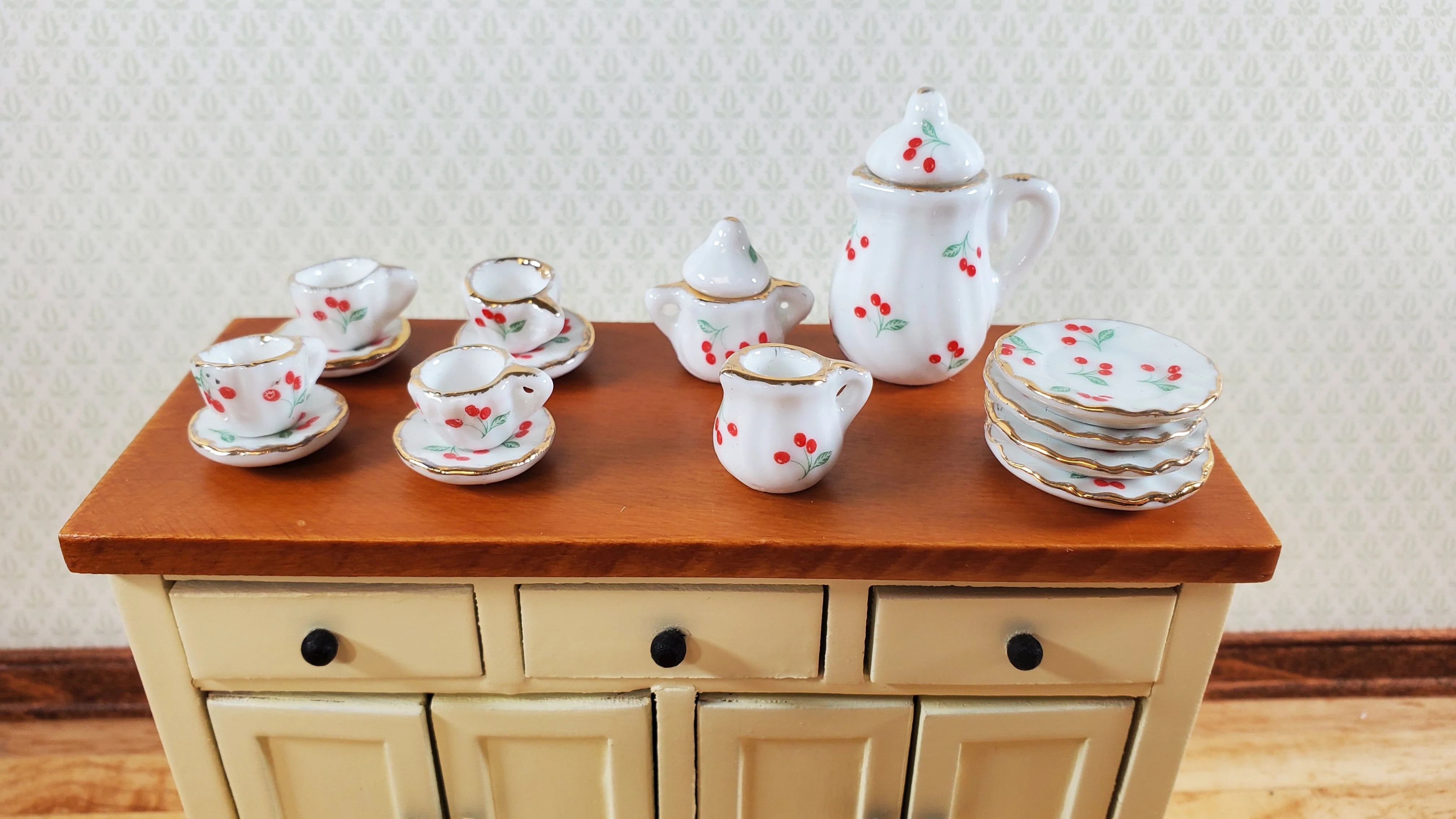 Dollhouse Coffee Set with Plates Cherries Design Ceramic 1:12 Scale Miniature