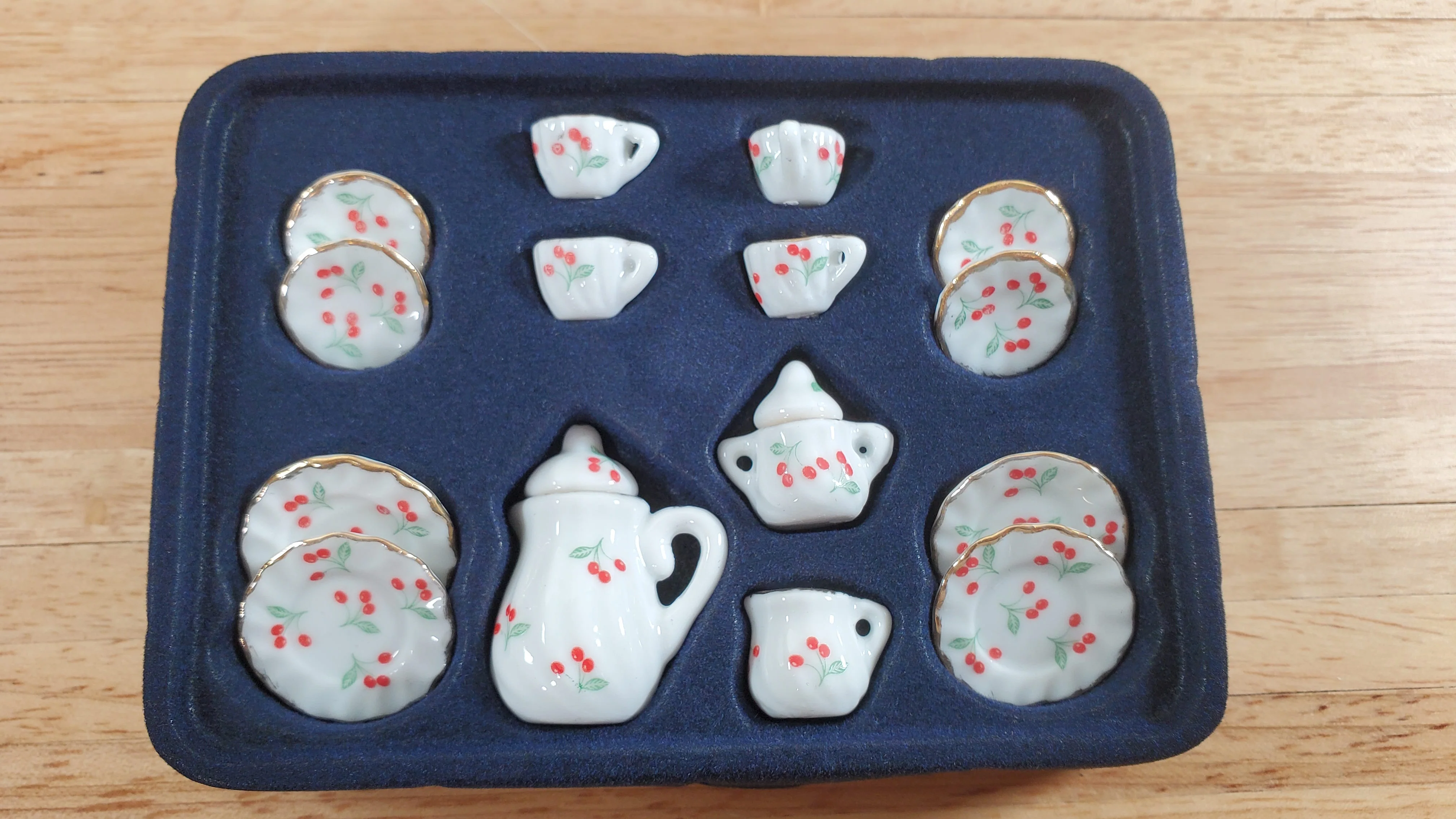 Dollhouse Coffee Set with Plates Cherries Design Ceramic 1:12 Scale Miniature - Image 2