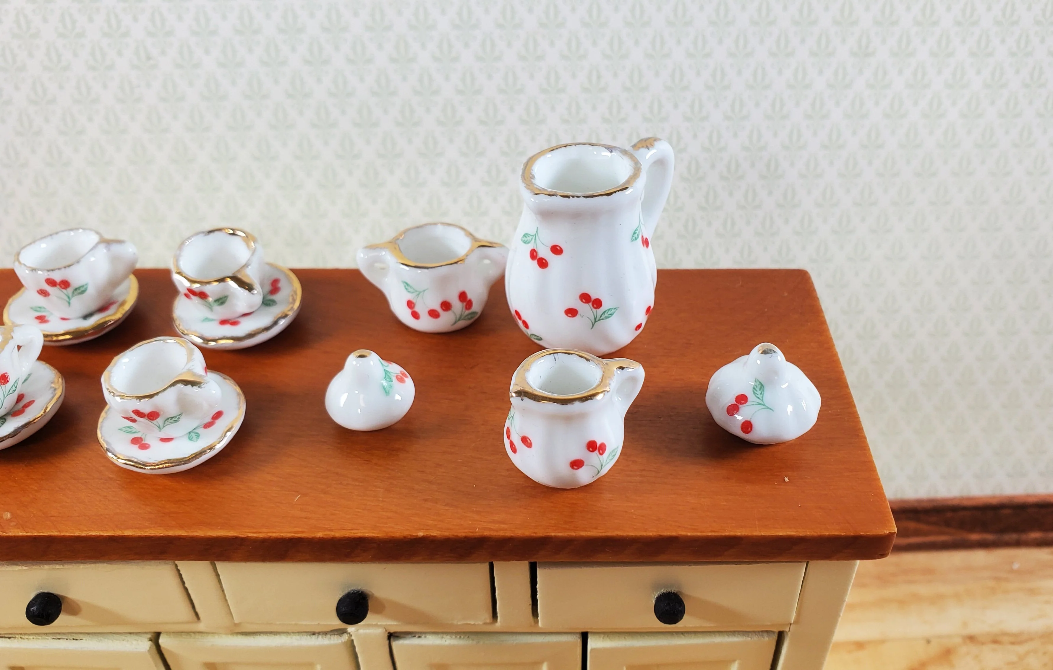 Dollhouse Coffee Set with Plates Cherries Design Ceramic 1:12 Scale Miniature - Image 3