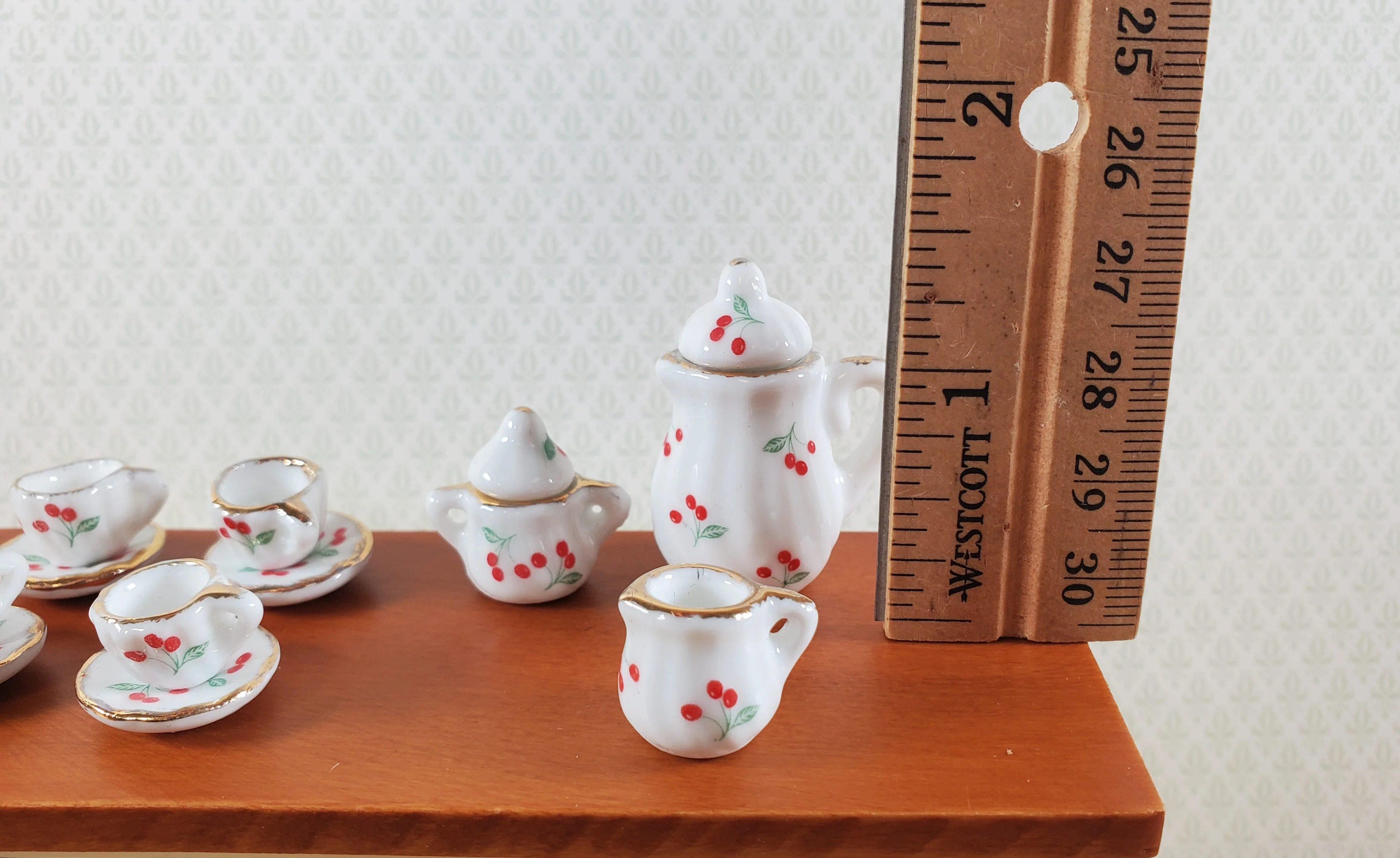 Dollhouse Coffee Set with Plates Cherries Design Ceramic 1:12 Scale Miniature - Image 4