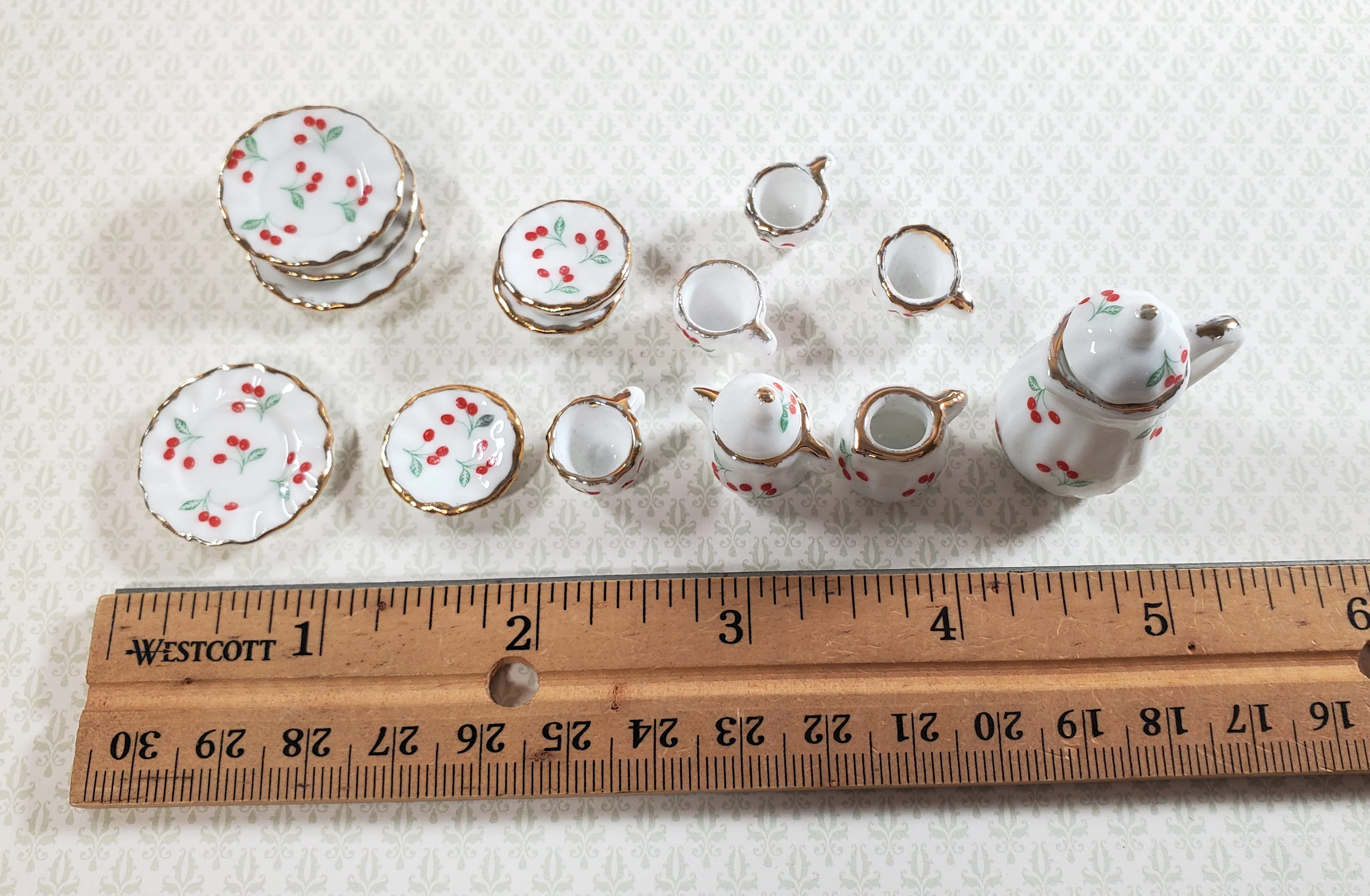 Dollhouse Coffee Set with Plates Cherries Design Ceramic 1:12 Scale Miniature - Image 5