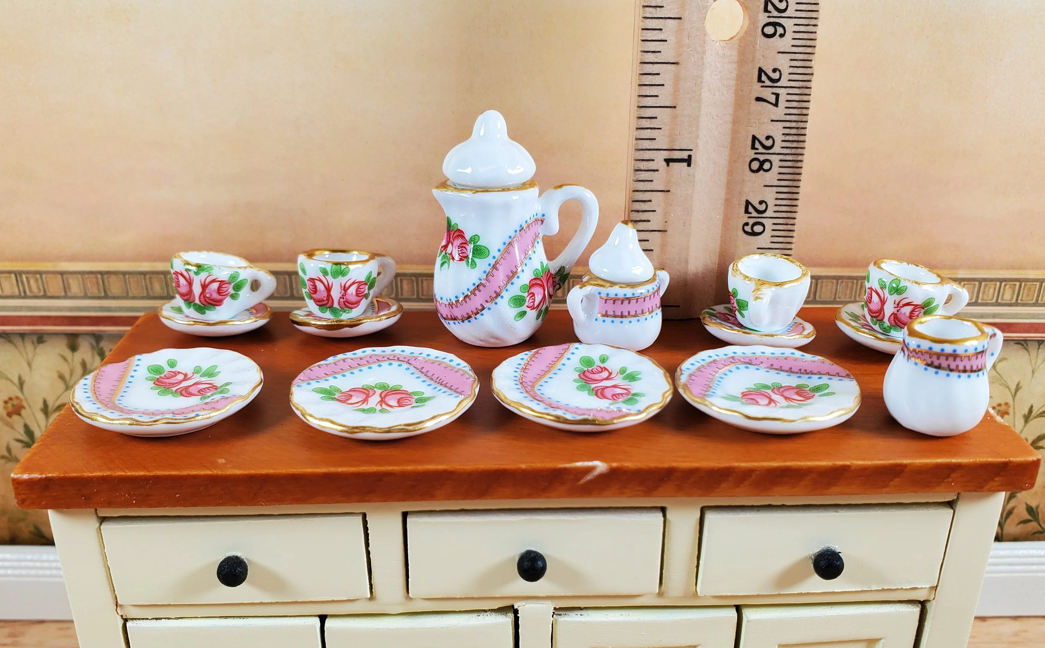 Dollhouse Coffee Set with Plates Cups "Blushing Rose" Ceramic 1:12 Scale - Image 3