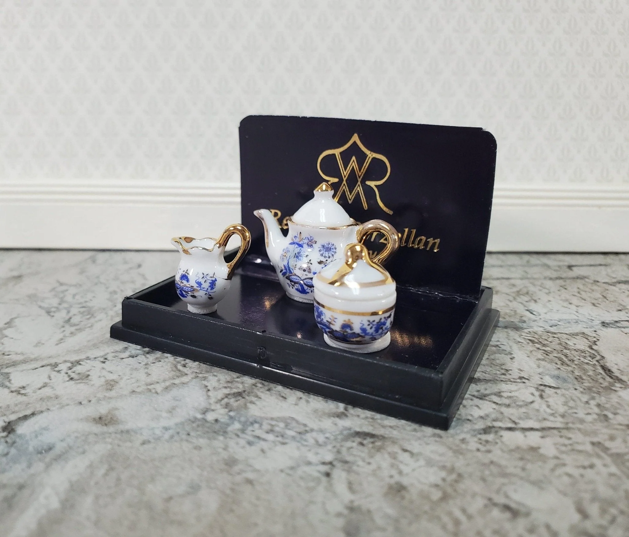 Dollhouse Coffee Tea Set Creamer & Sugar Dish Reutter Porcelain 1:12 Scale Miniature Blue White - Image 3