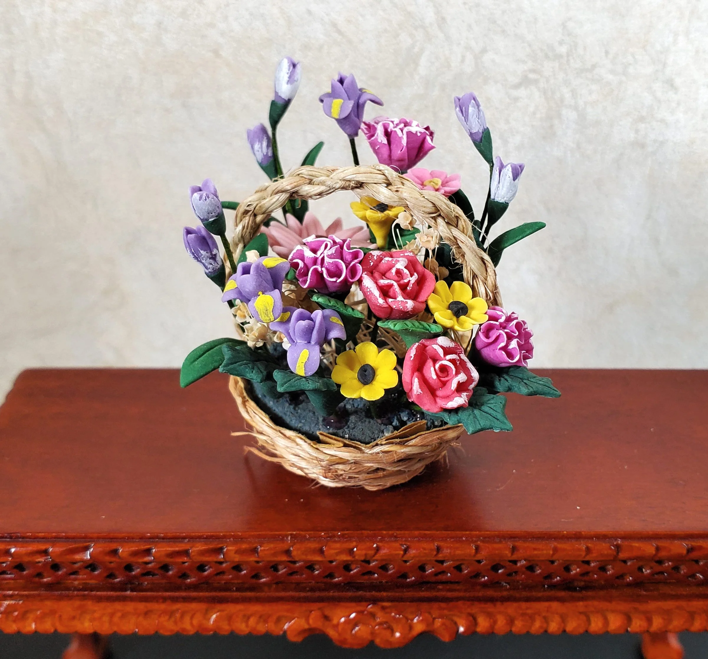 Dollhouse Colorful Basket of Flowers Pink & Purple with Greenery 1:12 Scale