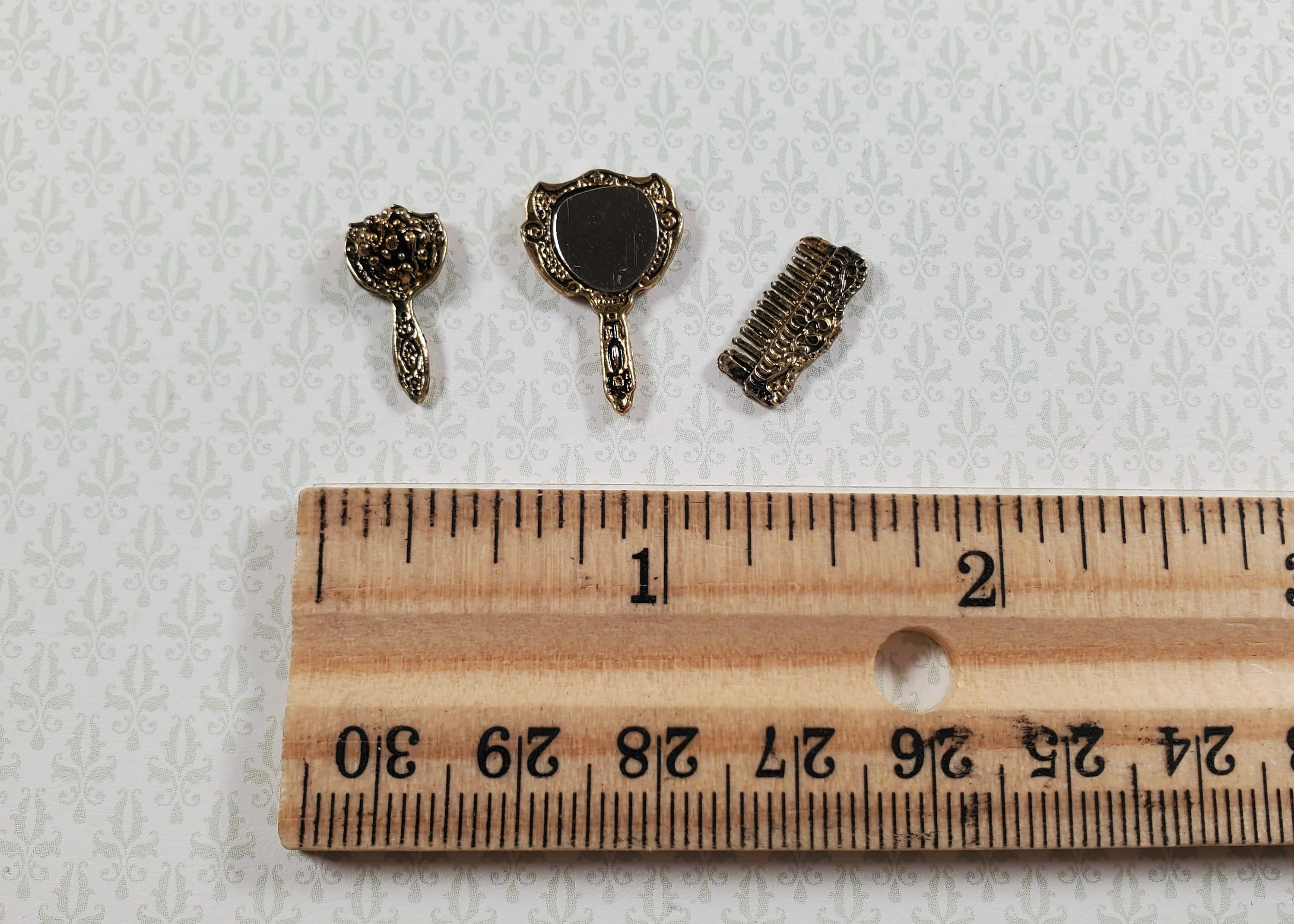 Dollhouse Comb Brush Hand Mirror Vanity Set Antique Gold Metal 1:12 Scale - Image 3