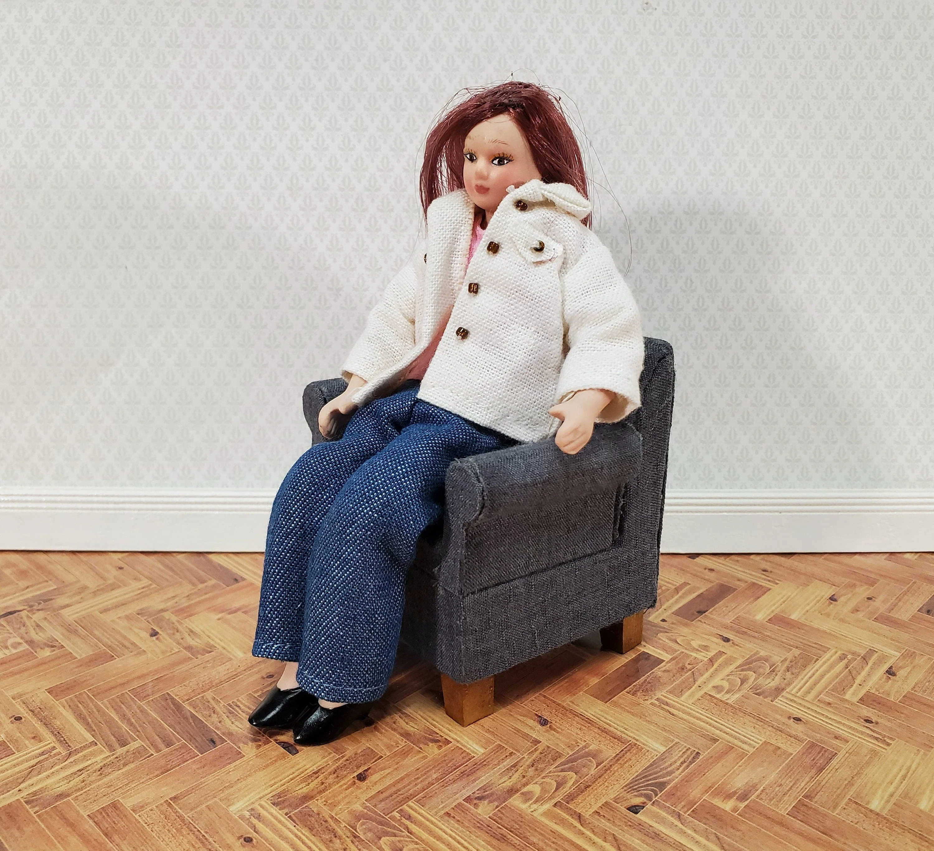 Dollhouse Compact Living Room Club Chair Dark Gray Fabric 1:12 Scale Miniature Furniture - Image 7