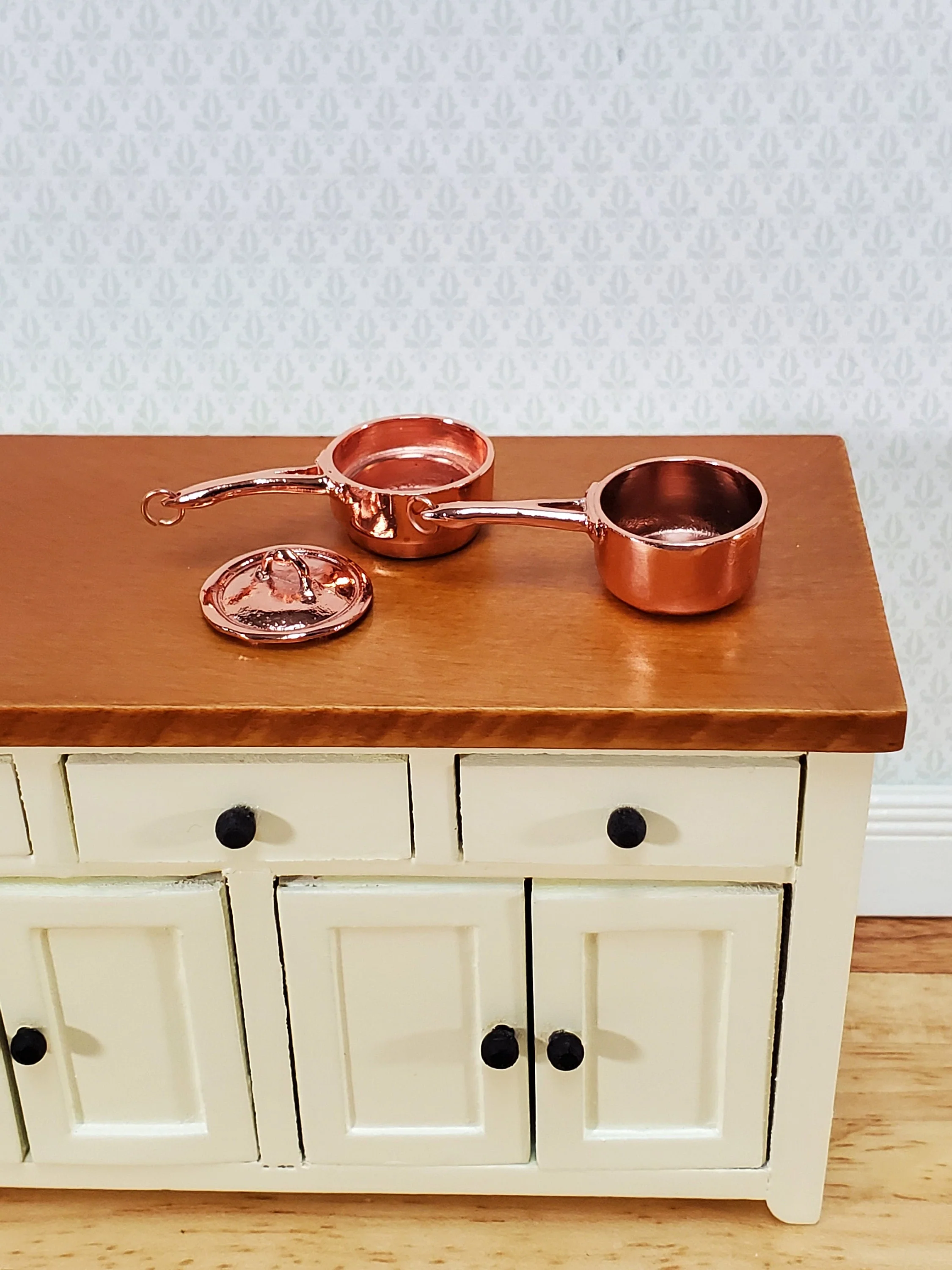 Dollhouse Copper Double Boiler Pots + Lid Cooking Pans 1:12 Scale Miniature Kitchen Falcon Miniatures - Image 2