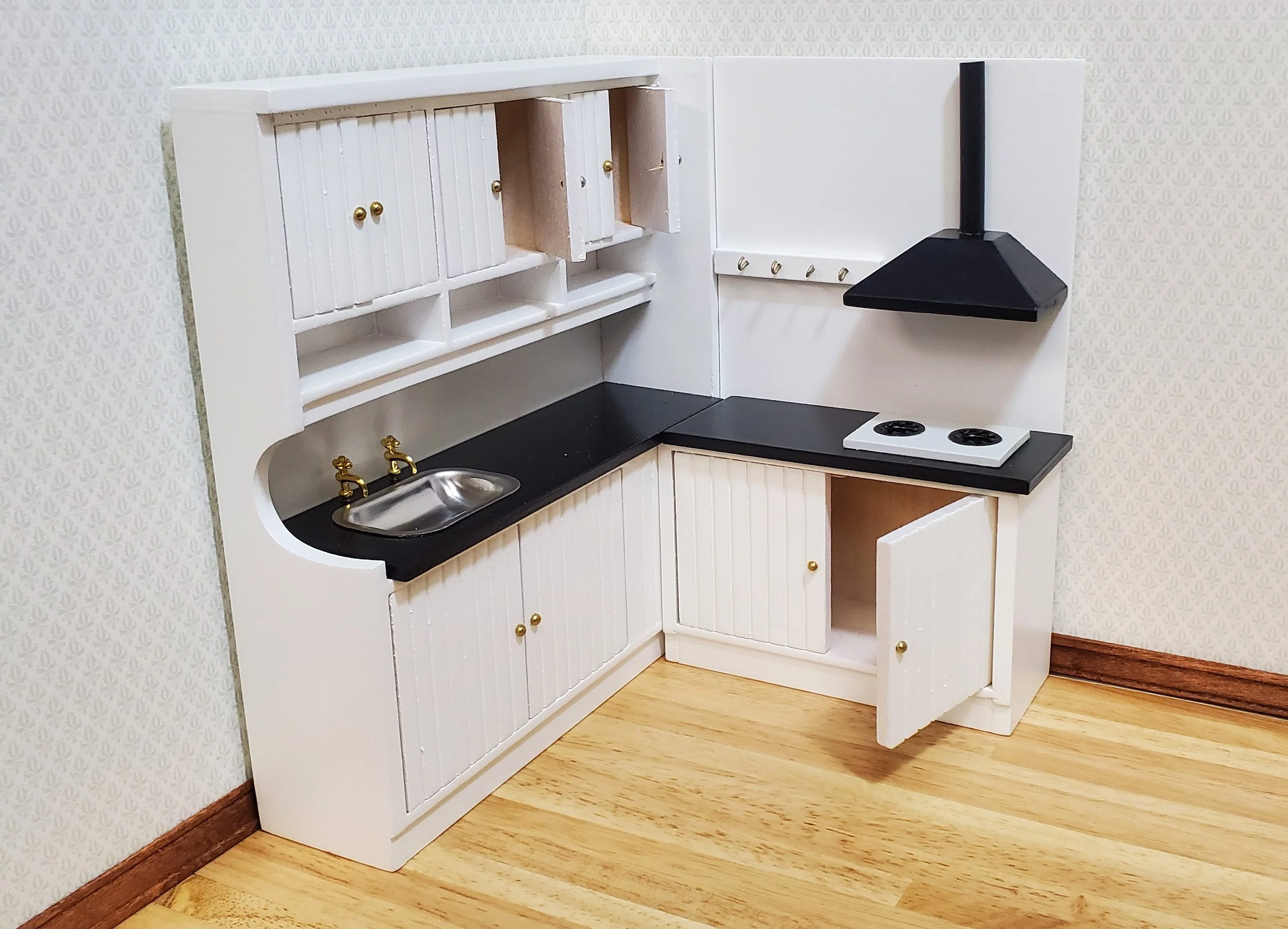 Dollhouse Corner Kitchen Set WHITE Sink Stove Top Cabinets 1:12 Scale Miniature - Image 2