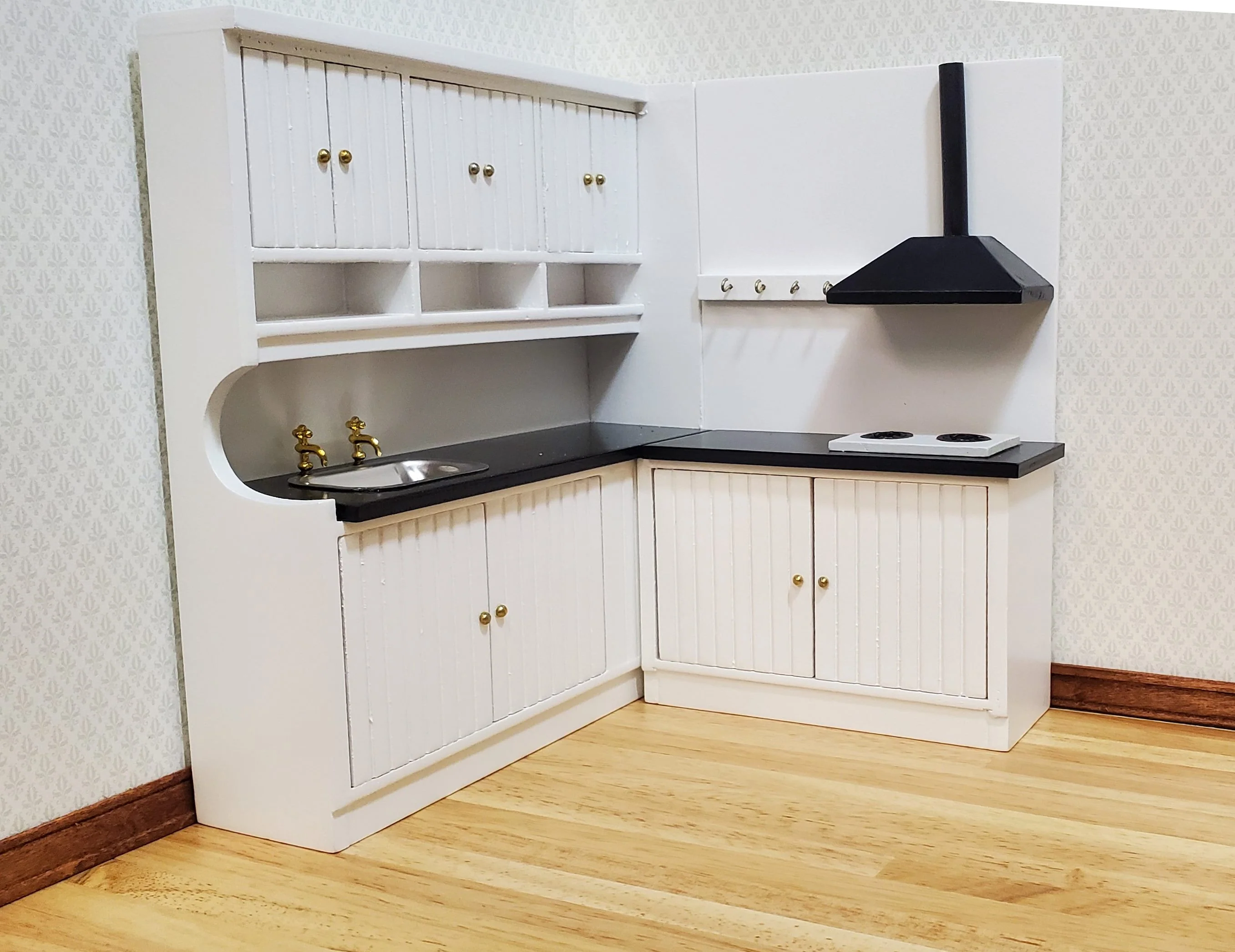 Dollhouse Corner Kitchen Set WHITE Sink Stove Top Cabinets 1:12 Scale Miniature - Image 3
