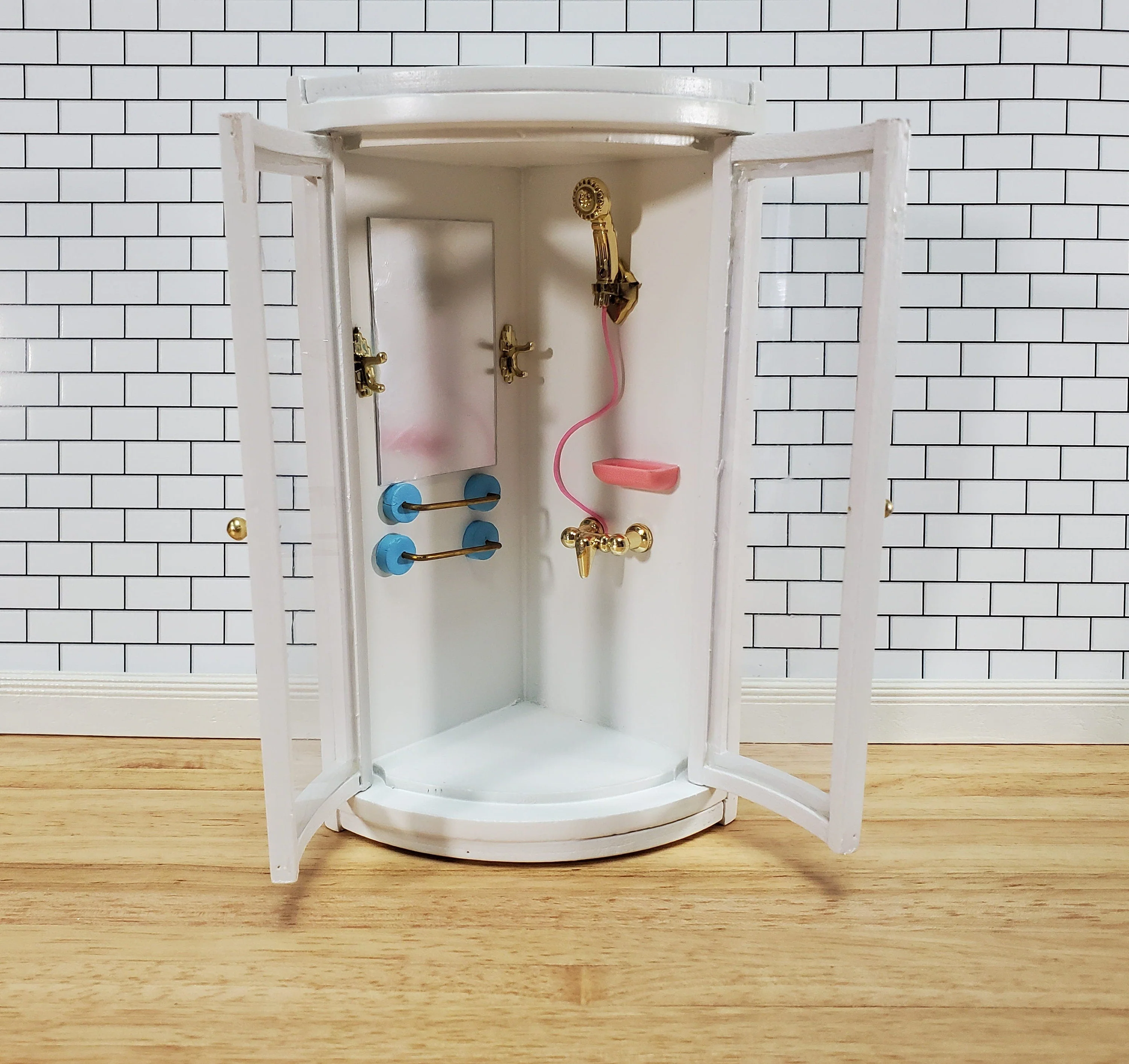 Dollhouse Corner Shower Modern Wood 1:12 Scale Miniature Bathroom White - Image 2