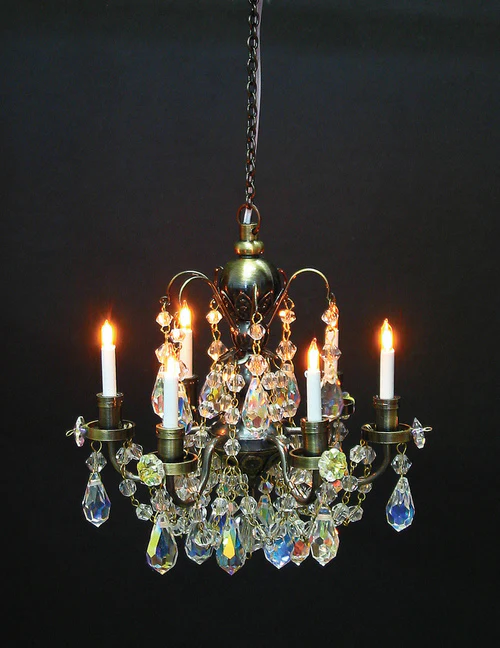 Dollhouse Crystal Chandelier 6 Arm Bronze 12 Volt with Plug 1:12 Scale HW2812