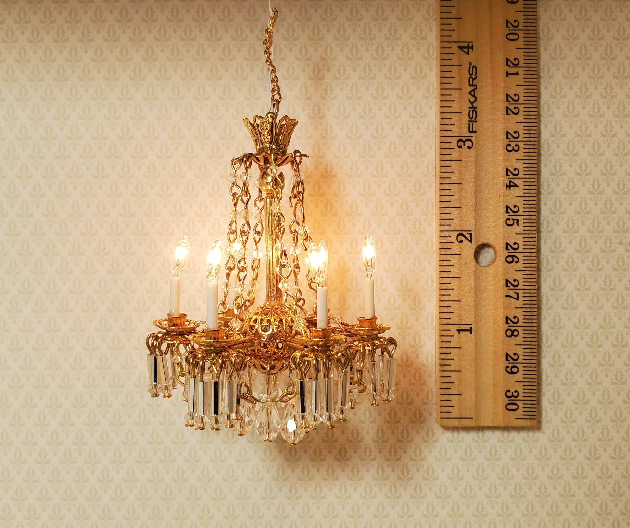 Dollhouse Crystal Chandelier with Drapes 6 Arm Real Glass 12 Volt 1:12 Scale - Image 6