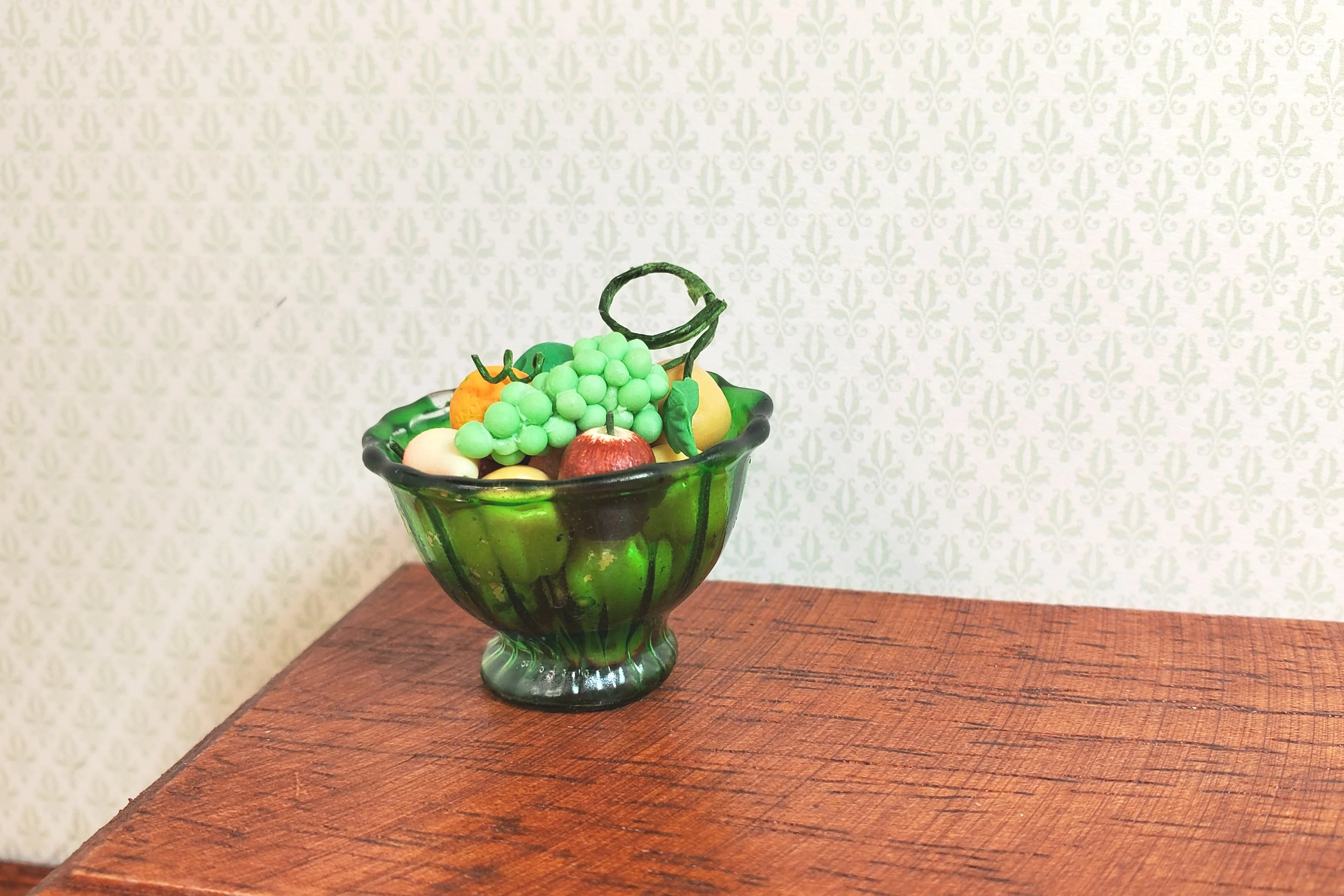 Dollhouse Crystal Green Glass Flared Footed Bowl 1:12 Scale Some Color Flaw - Image 2