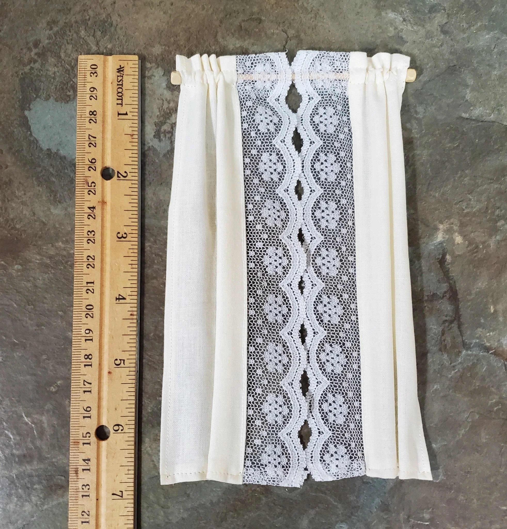 Dollhouse Curtains Fabric & Lace Cream and White Long 1:12 Scale Miniatures - Image 2