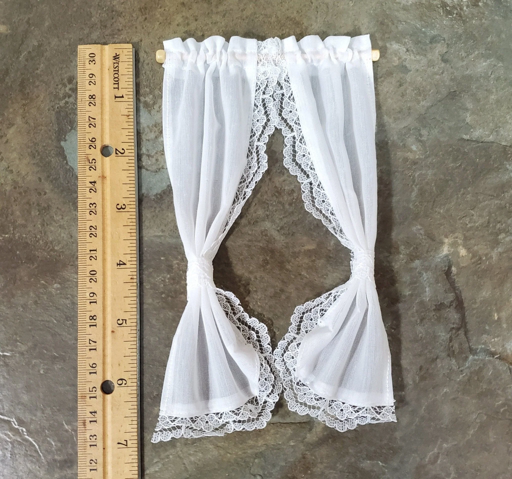 Dollhouse Curtains Fabric & Lace White Tie Back with Curtain Rod 1:12 Scale Miniatures - Image 2