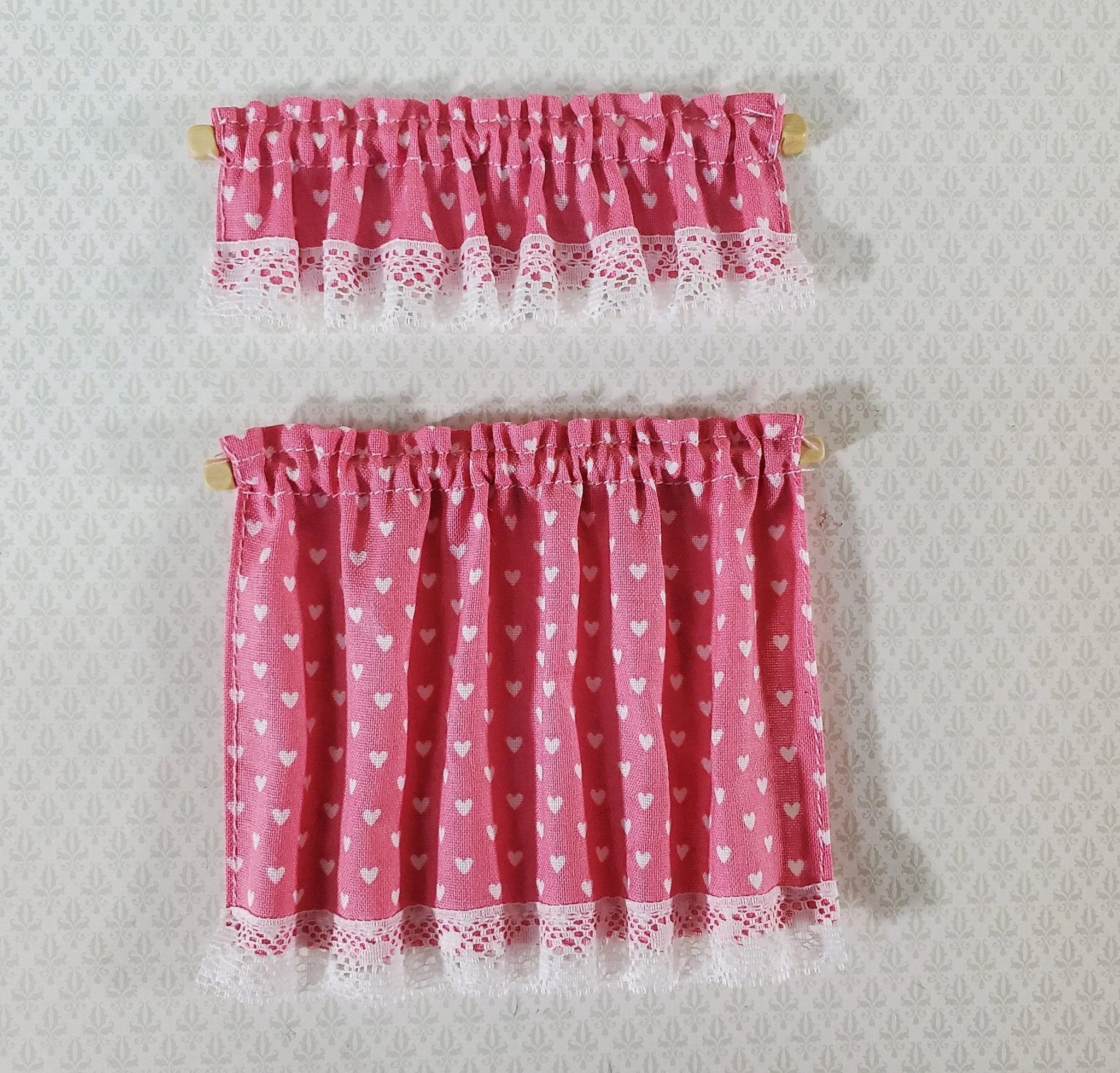 Dollhouse Curtains Nursery or Kitchen Pink with White Hearts 1:12 Scale Miniature