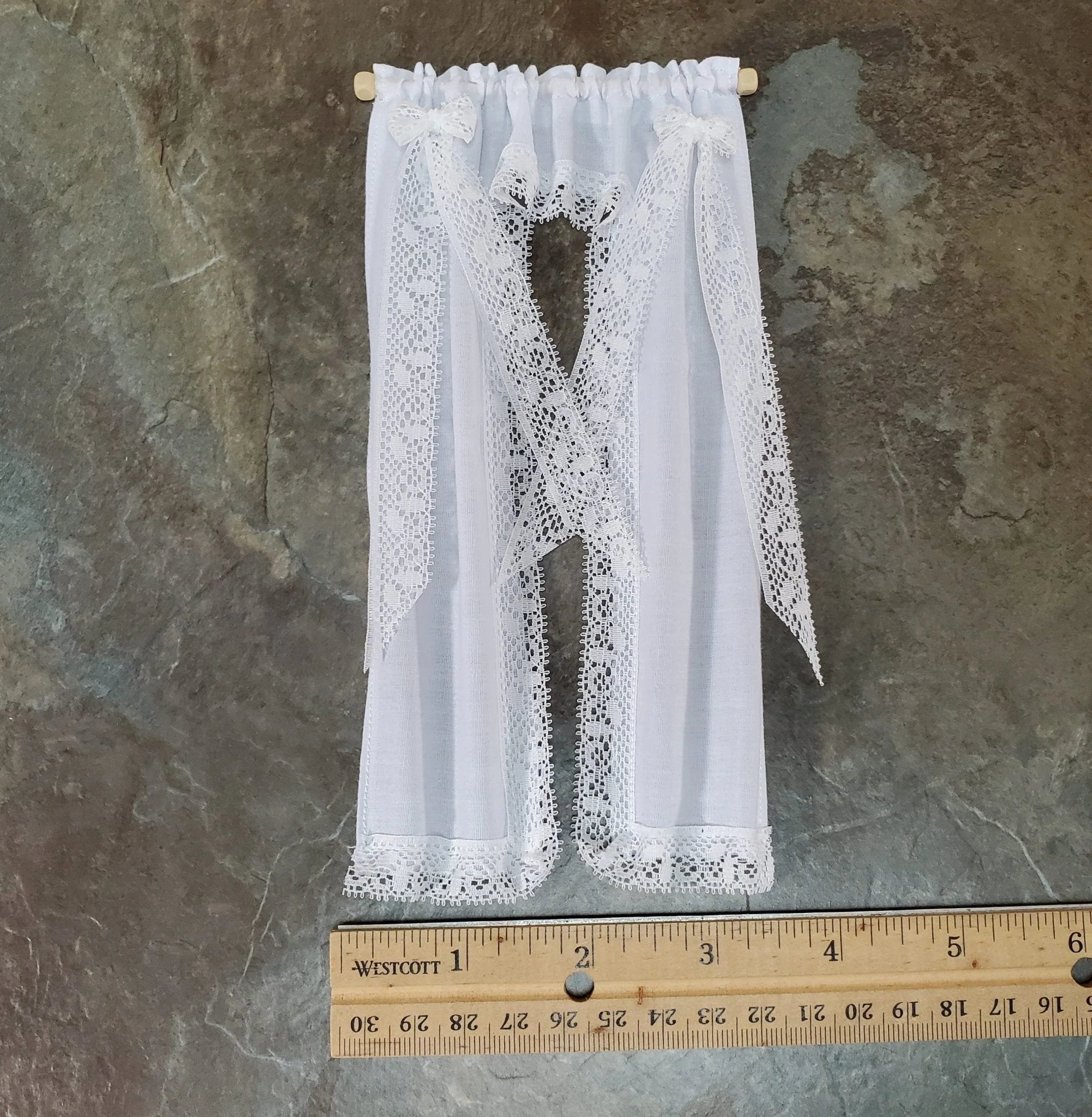 Dollhouse Curtains White Lacy with Curtain Rod 1:12 Scale Miniatures Handmade - Image 3