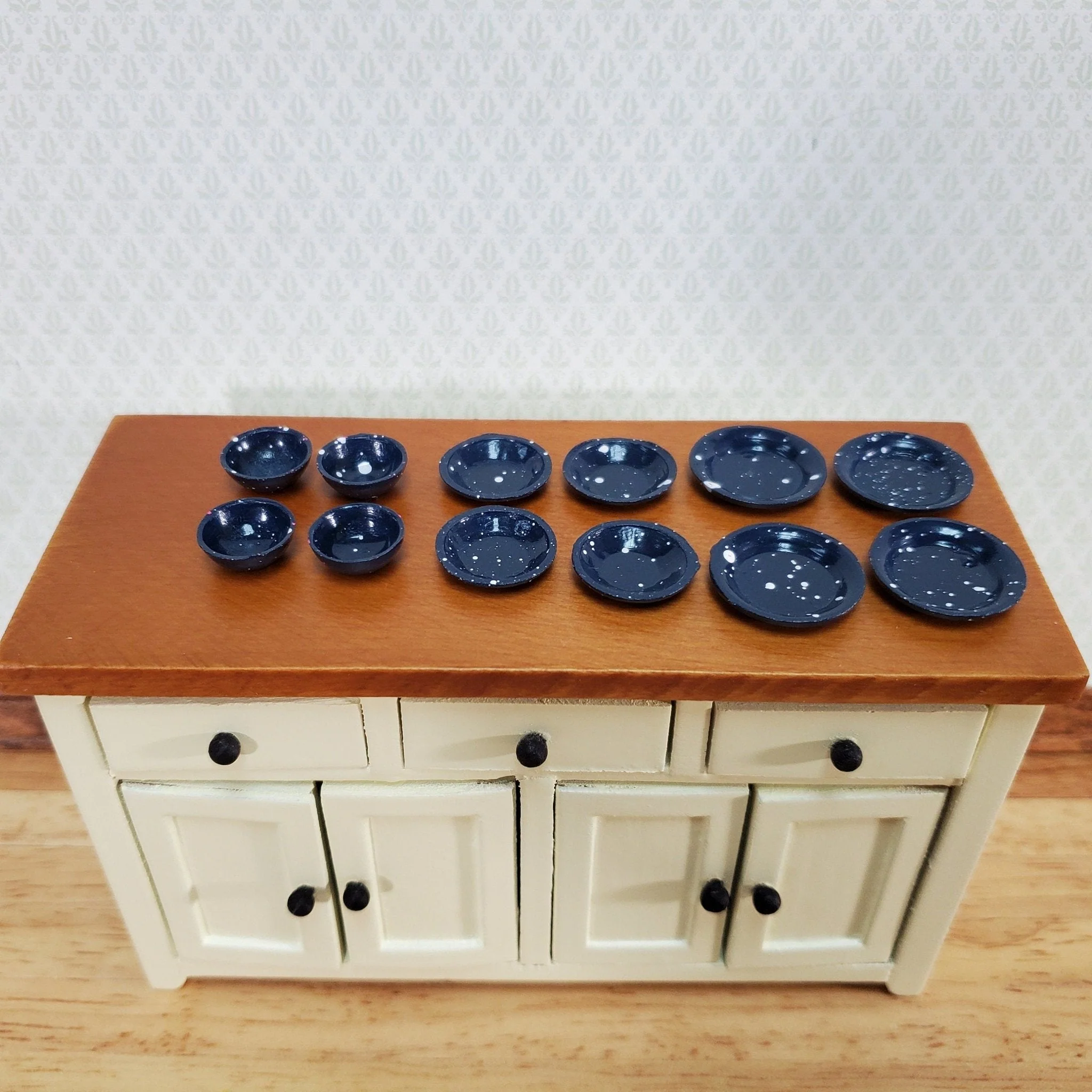 Dollhouse Dishes Plates & Bowls Blue Speckled 1:12 Scale Kitchen Accessories - Image 3