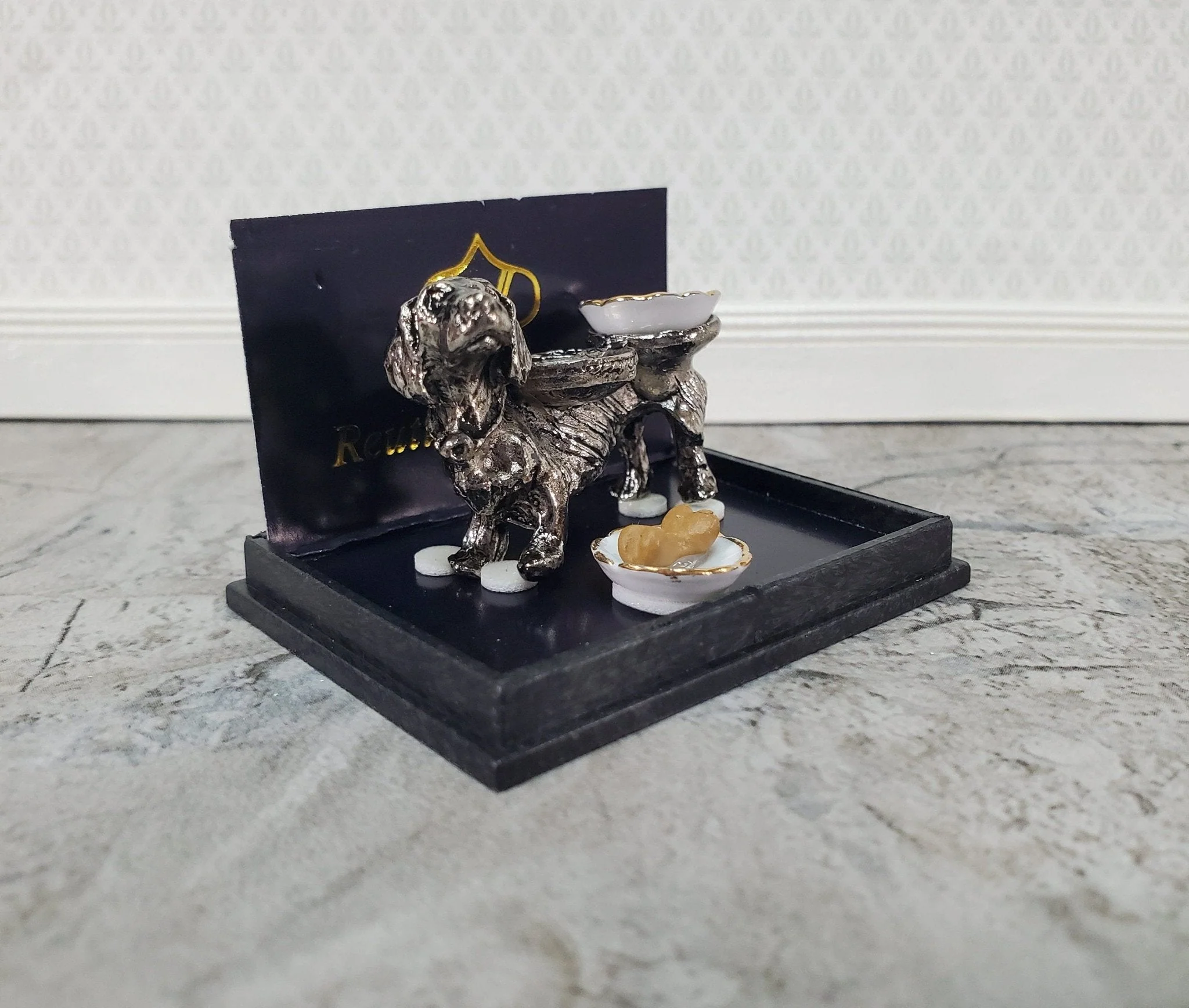 Dollhouse Dog Food Bowls Silver Dachshund Reutter Porcelain 1:12 Scale Miniature - Image 5