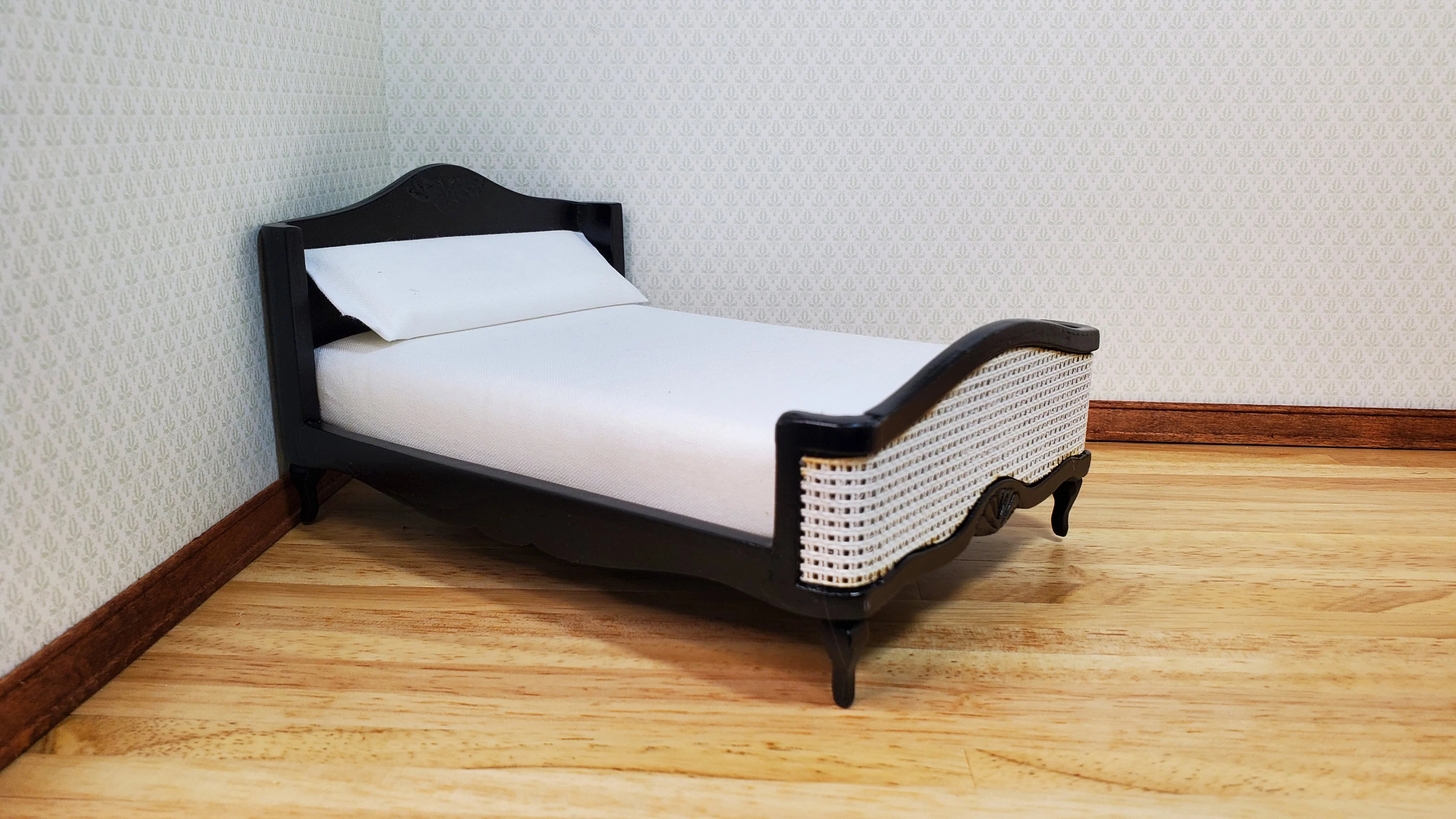 Dollhouse Double Bed Wood with Black Finish 1:12 Scale Bedroom Furniture