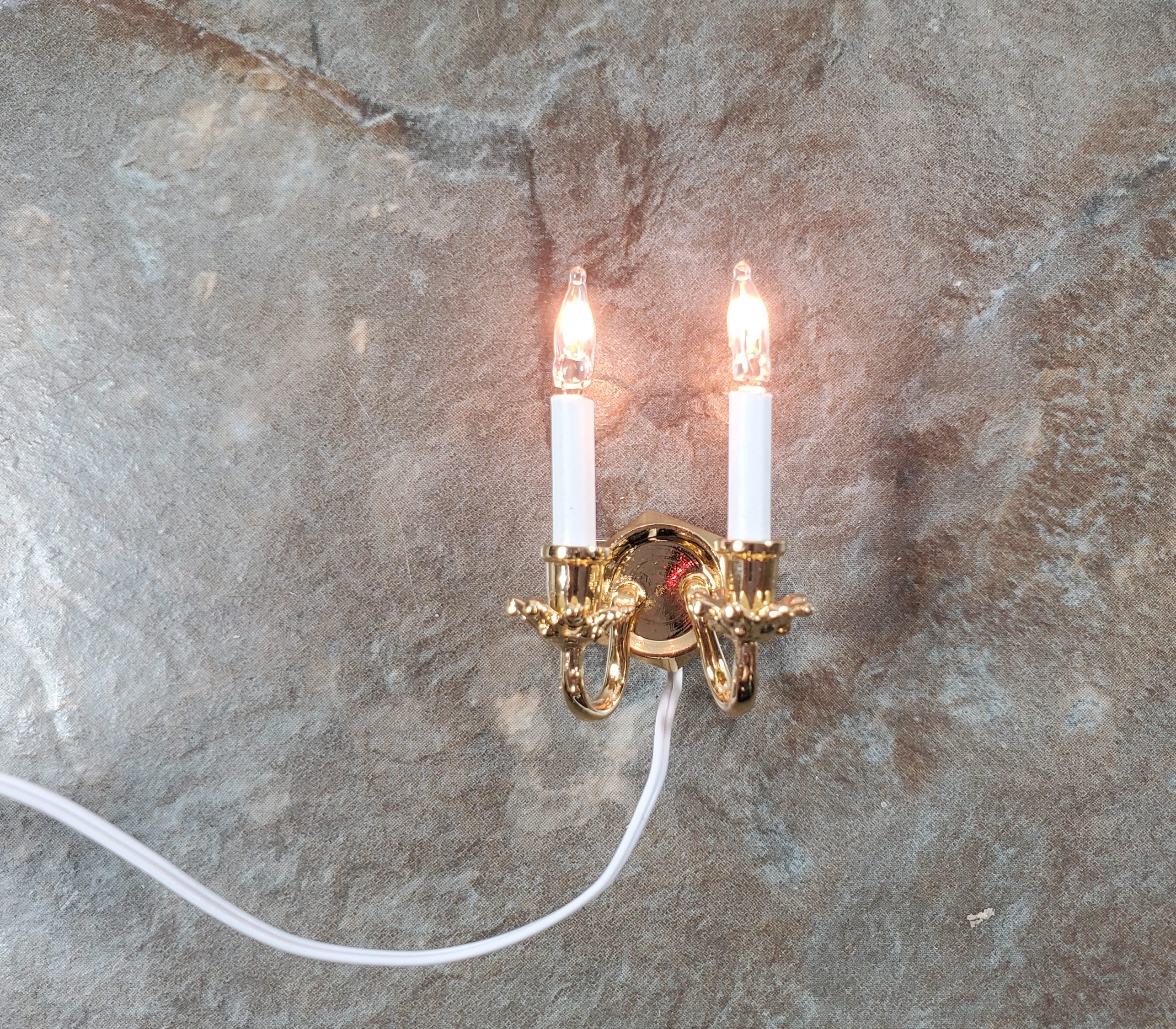 Dollhouse Double Candle Wall Sconce Gold 12 Volt with Plug 1:12 Wall Light - Image 3