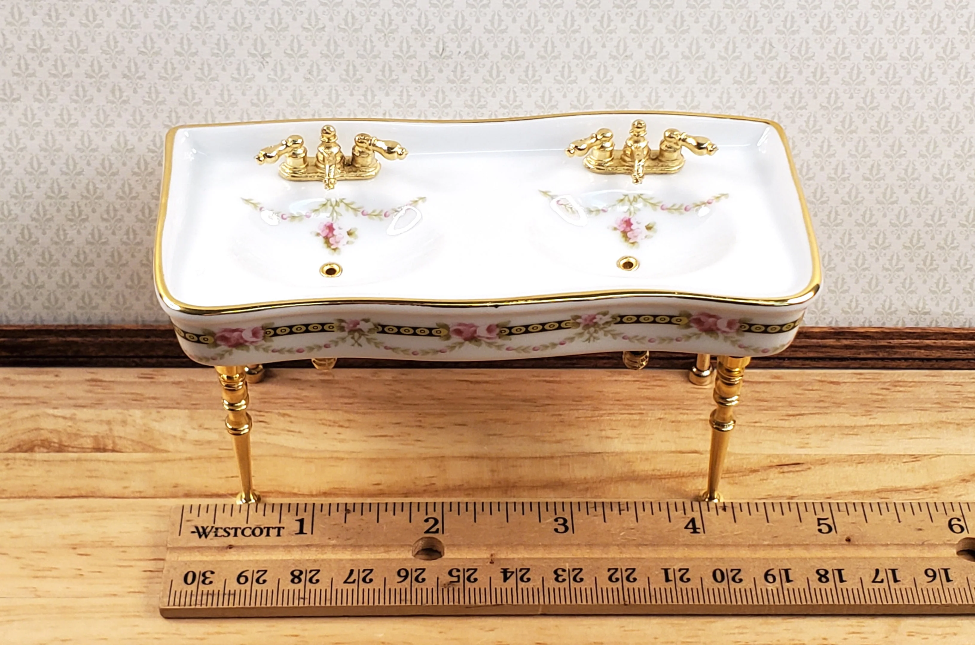 Dollhouse Double Sink Victorian Rose Double Reutter Porcelain 1:12 Scale Miniature - Image 6