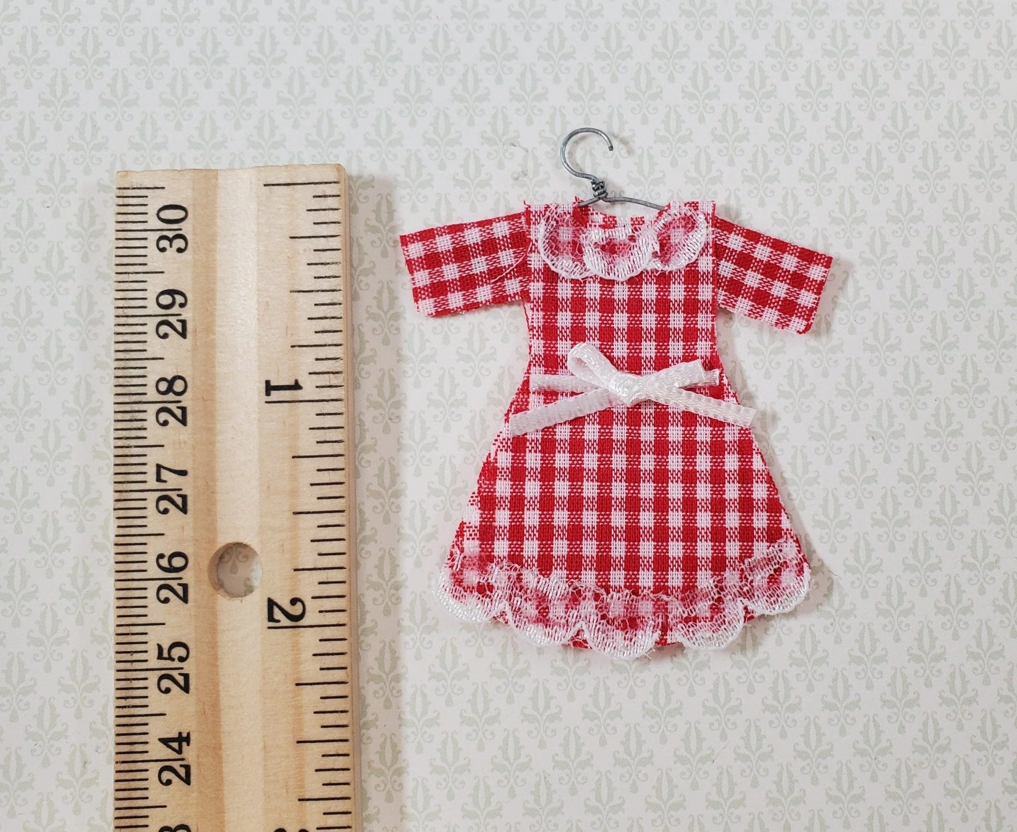 Dollhouse Dress Red Gingham 1:12 Child Size Clothes on a Hanger Flat Decoration Only - Image 3