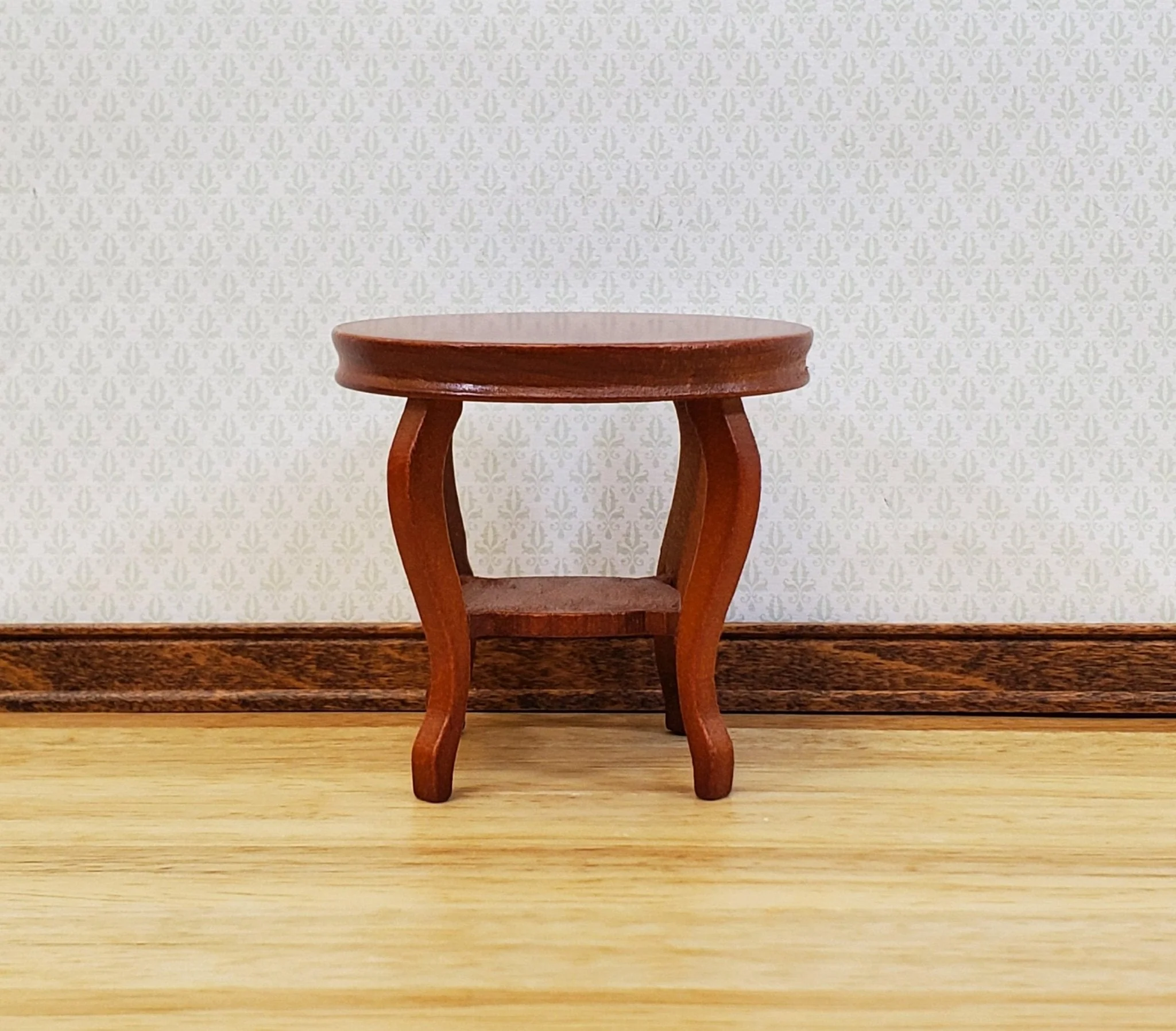 Dollhouse End Table Small Round Walnut Finish Lower Shelf 1:12 Scale Miniature Furniture - Image 2