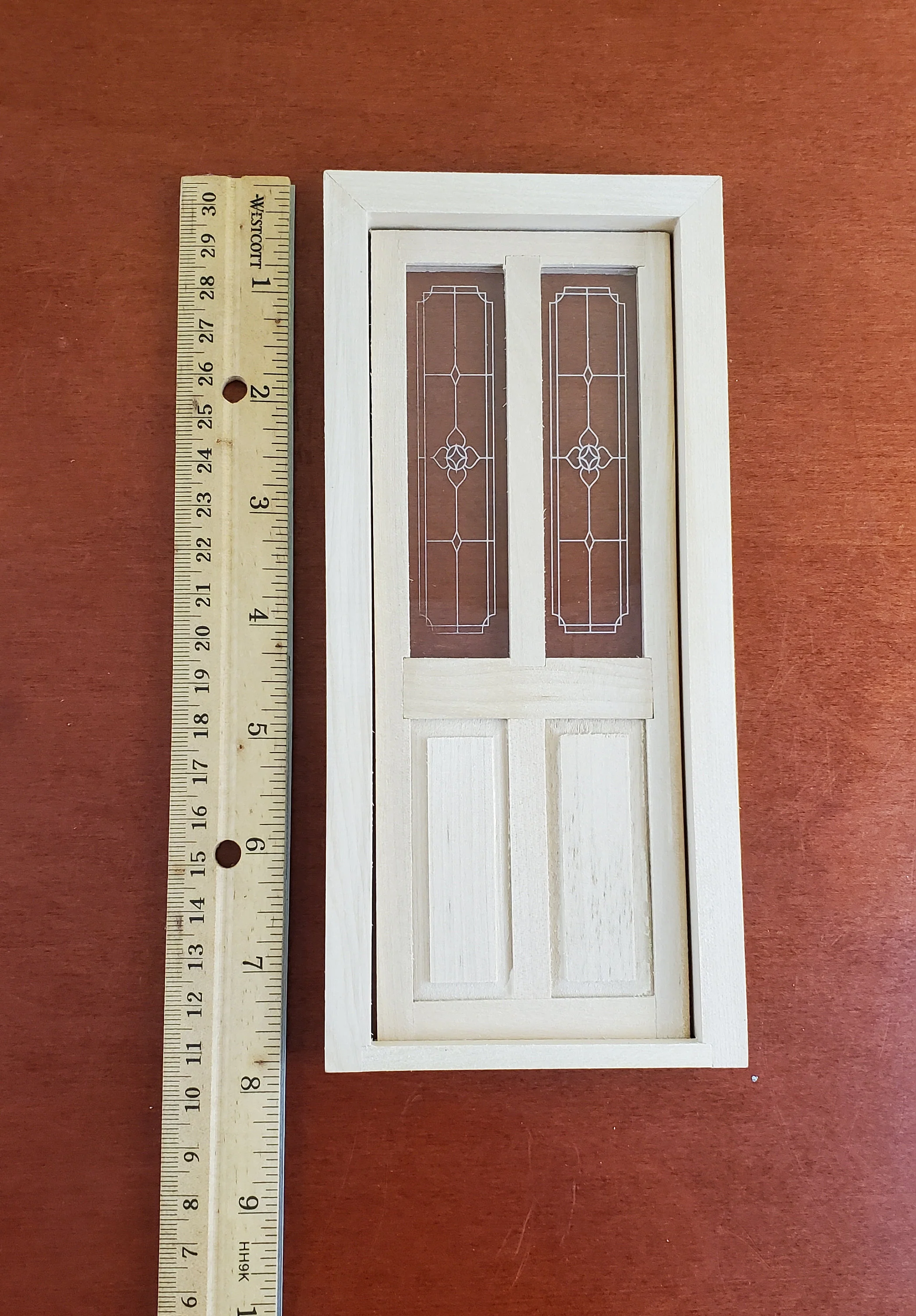 Dollhouse Exterior Front Door w/ Windows Etched Panes 1:12 Scale Unpainted Wood - Image 2