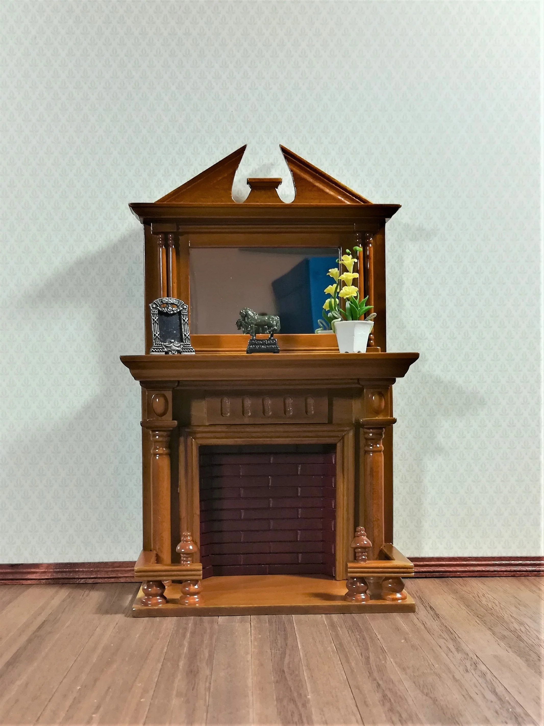 Dollhouse Fireplace Large with Square Mirror Walnut Finish 1:12 Scale Miniature Furniture - Image 3