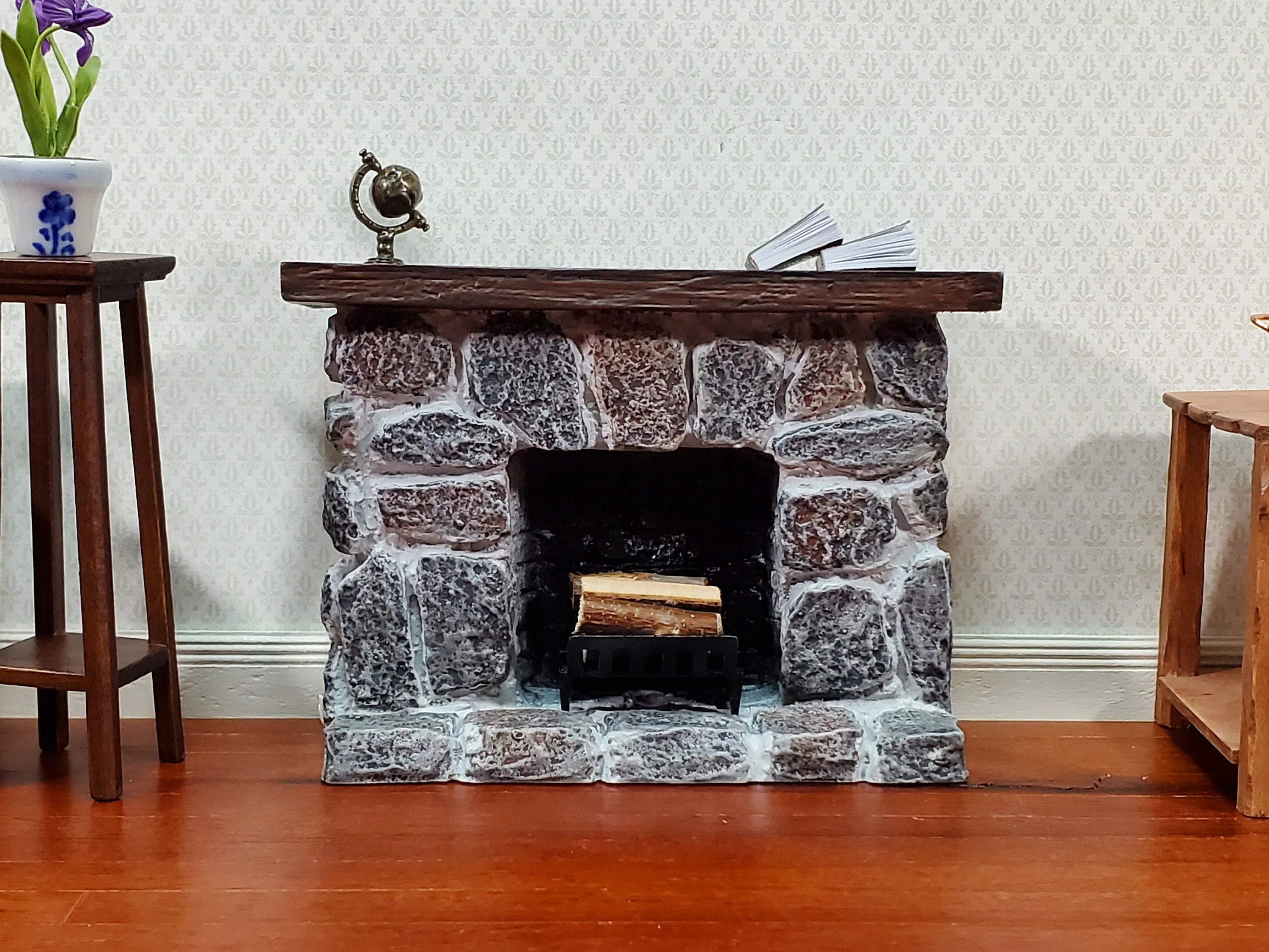 Dollhouse Fireplace with Mantel Gray Stone Fieldstone 1:12 Scale Miniature Furniture - Image 6