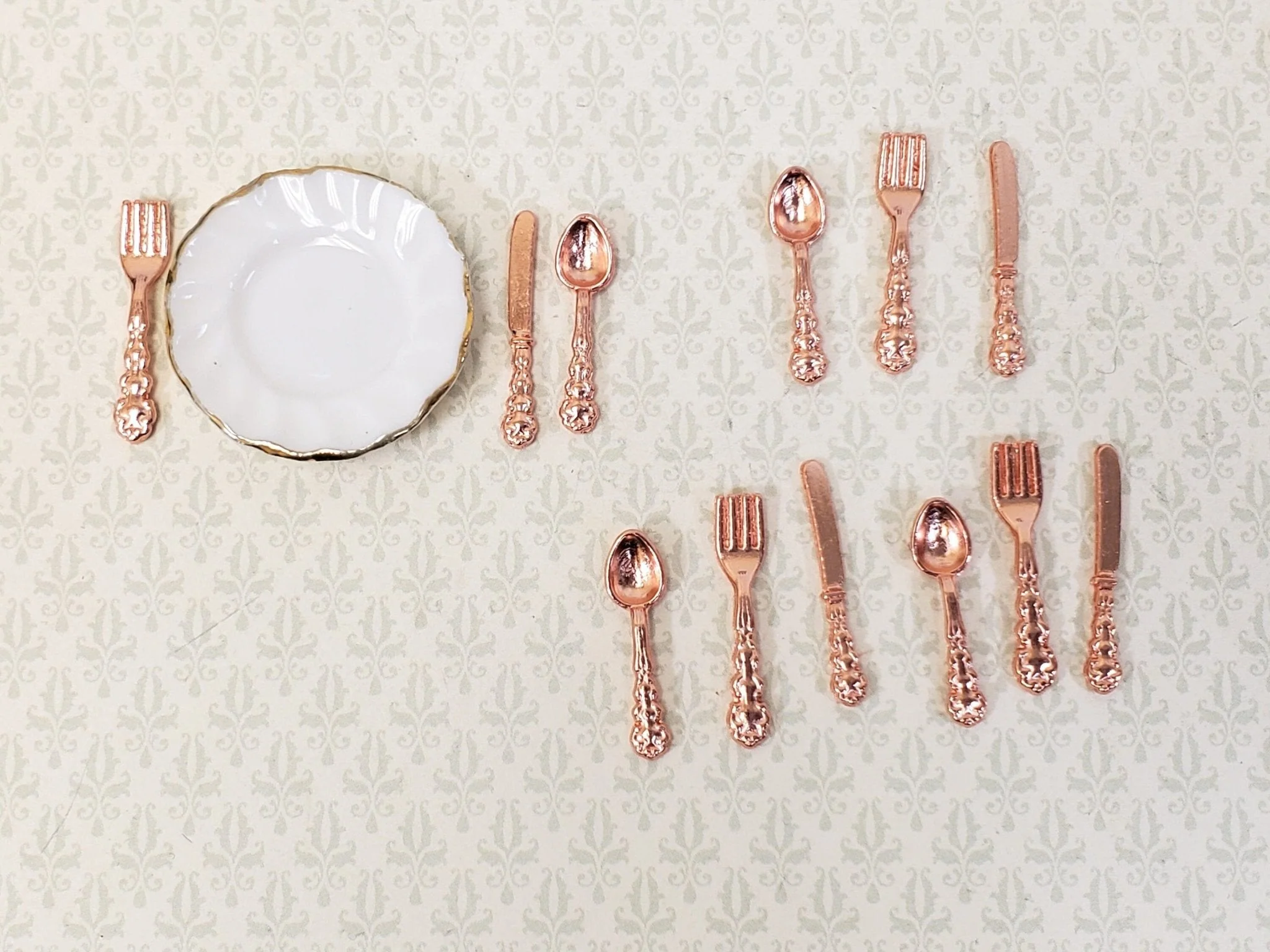 Dollhouse Flatware Copper Finish Fork Spoon Knife Fancy 4 Place Settings 1:12 Scale - Image 2