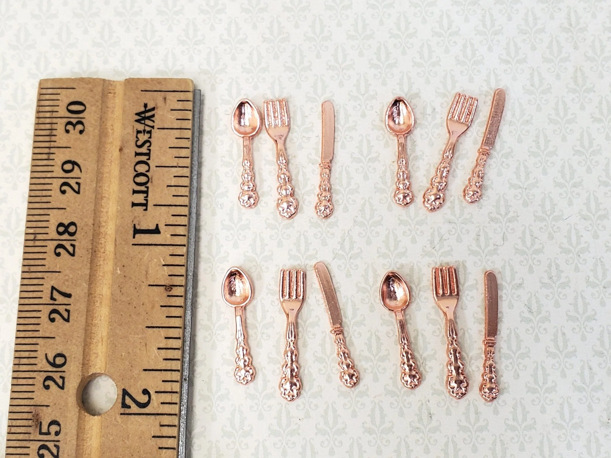 Dollhouse Flatware Copper Finish Fork Spoon Knife Fancy 4 Place Settings 1:12 Scale - Image 3