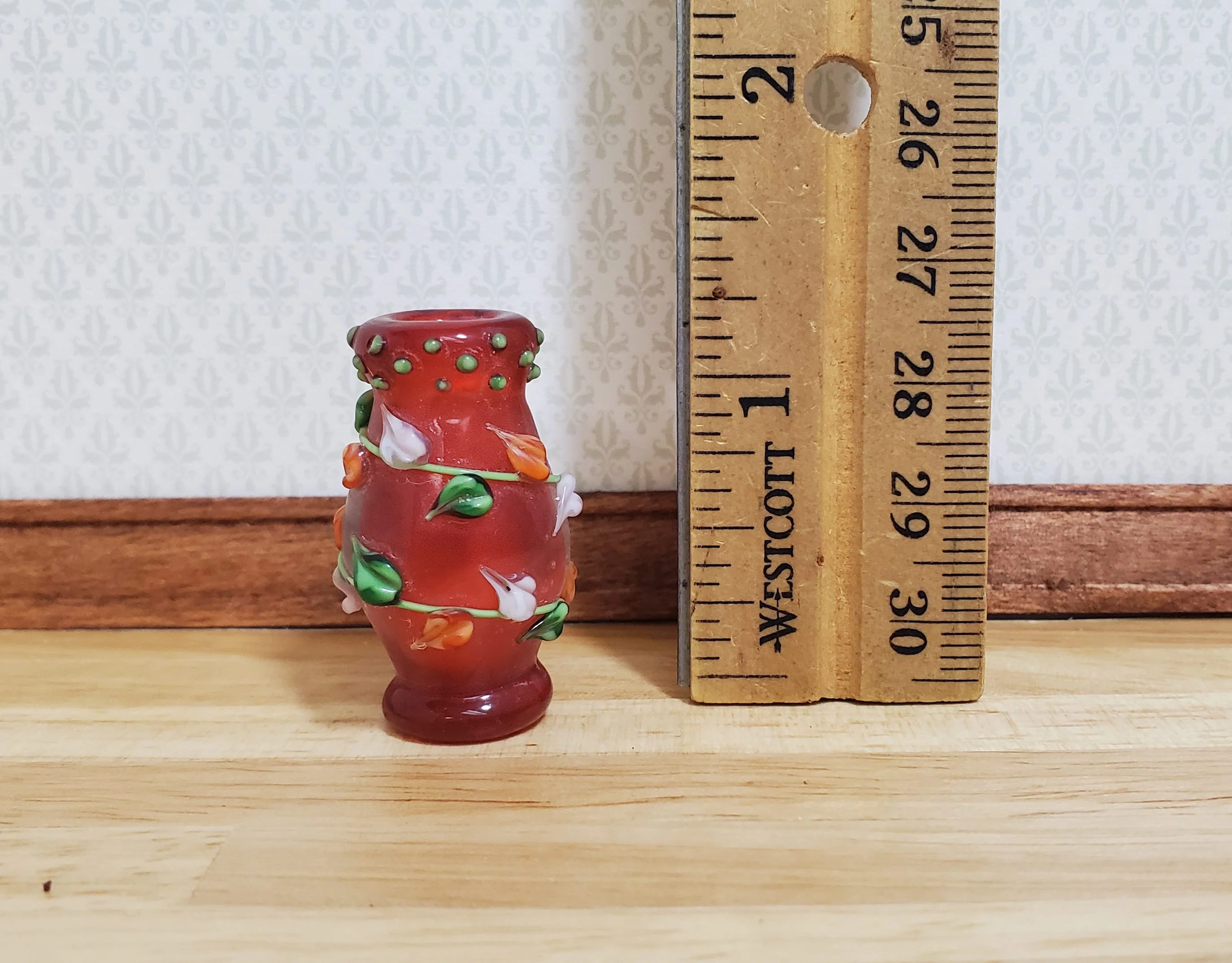Dollhouse Floor Vase Red Fused with Leaves Use in 1:12 or 1/6 Scale Miniature - Image 5