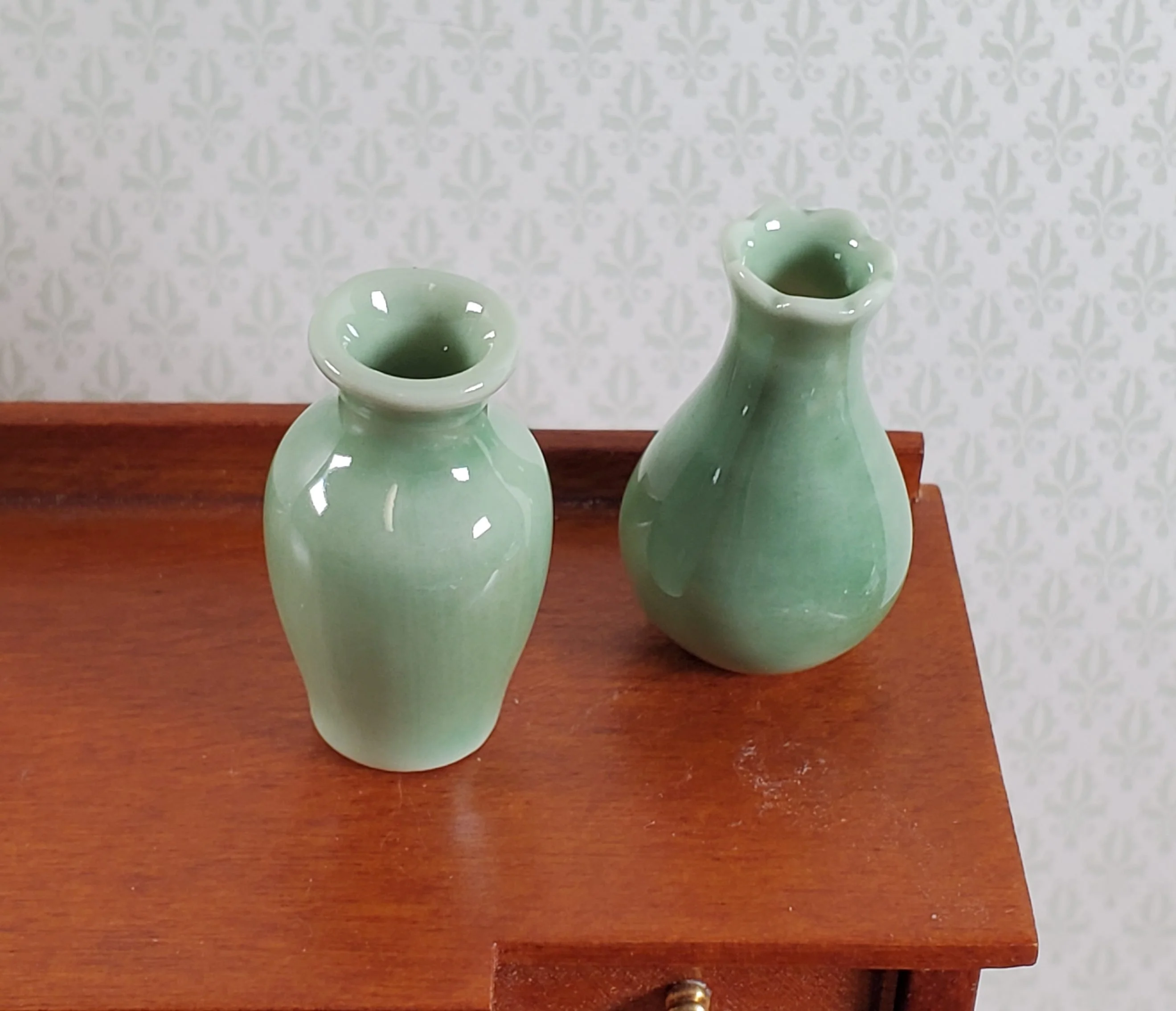 Dollhouse Flower Vases Sage Green Ceramic Set of 2 Modern 1:12 Scale Miniatures - Image 2