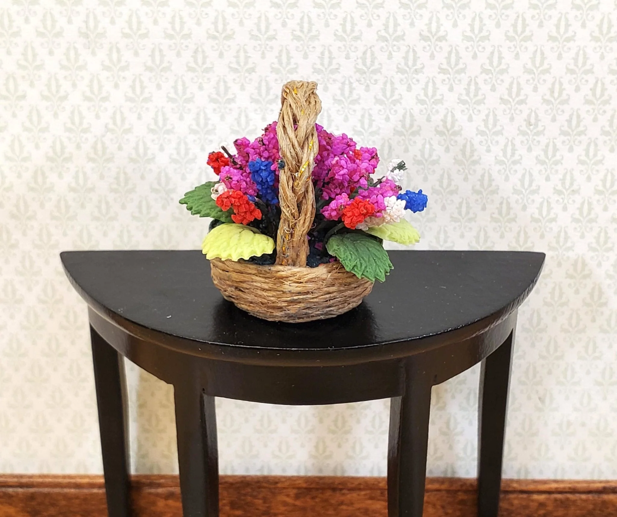 Dollhouse Flowers in a Natural Fiber Basket Pink Purple Red White 1:12 Scale Miniature