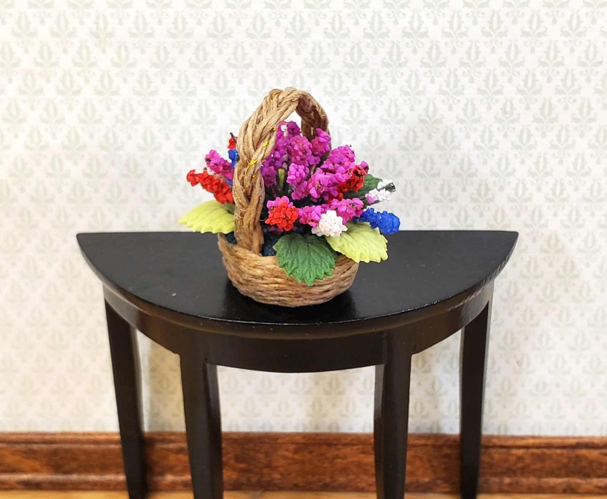 Dollhouse Flowers in a Natural Fiber Basket Pink Purple Red White 1:12 Scale Miniature - Image 2