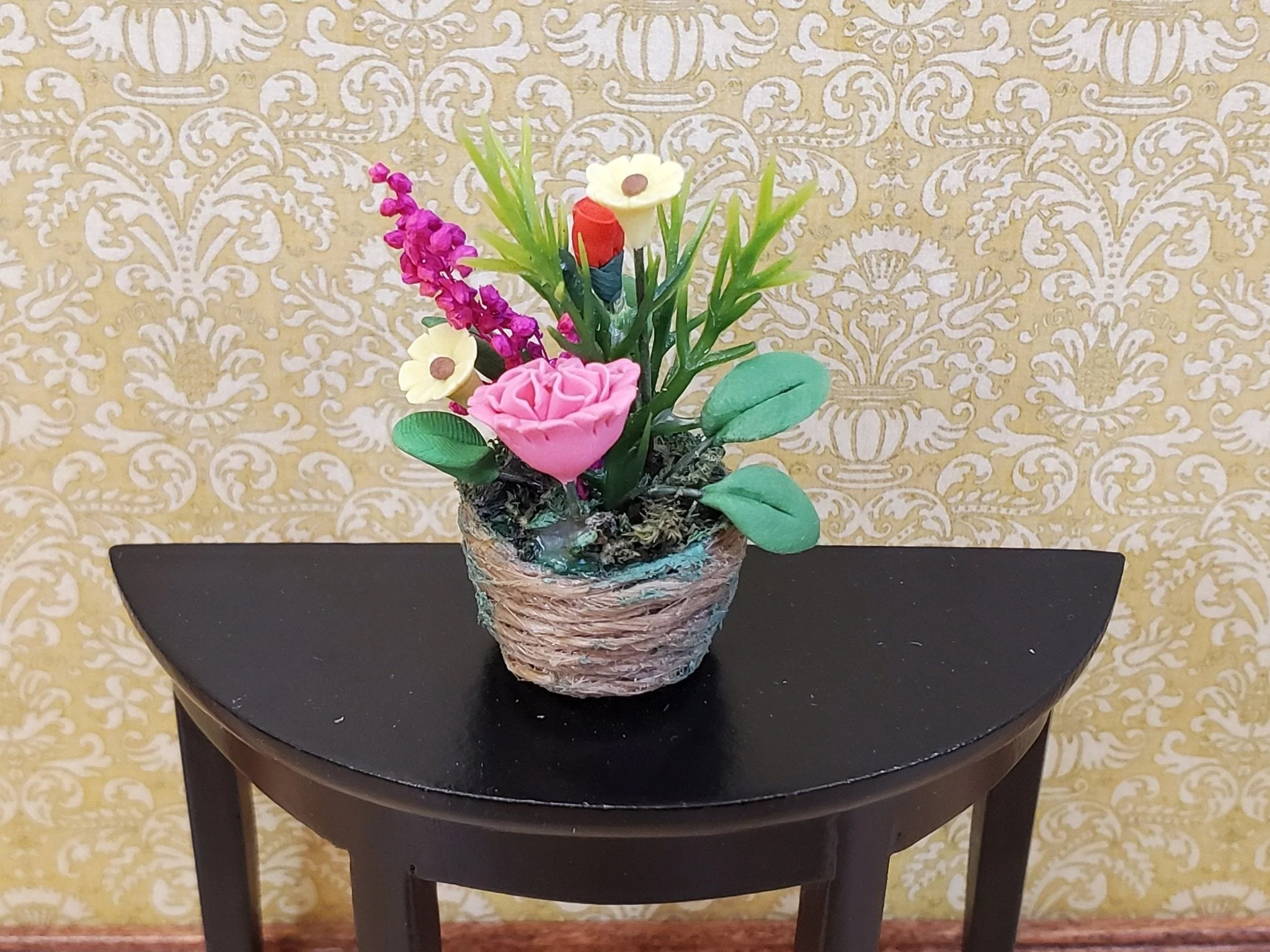 Dollhouse Flowers in a Natural Fiber Basket Pinks Reds Yellows 1:12 Scale Miniature