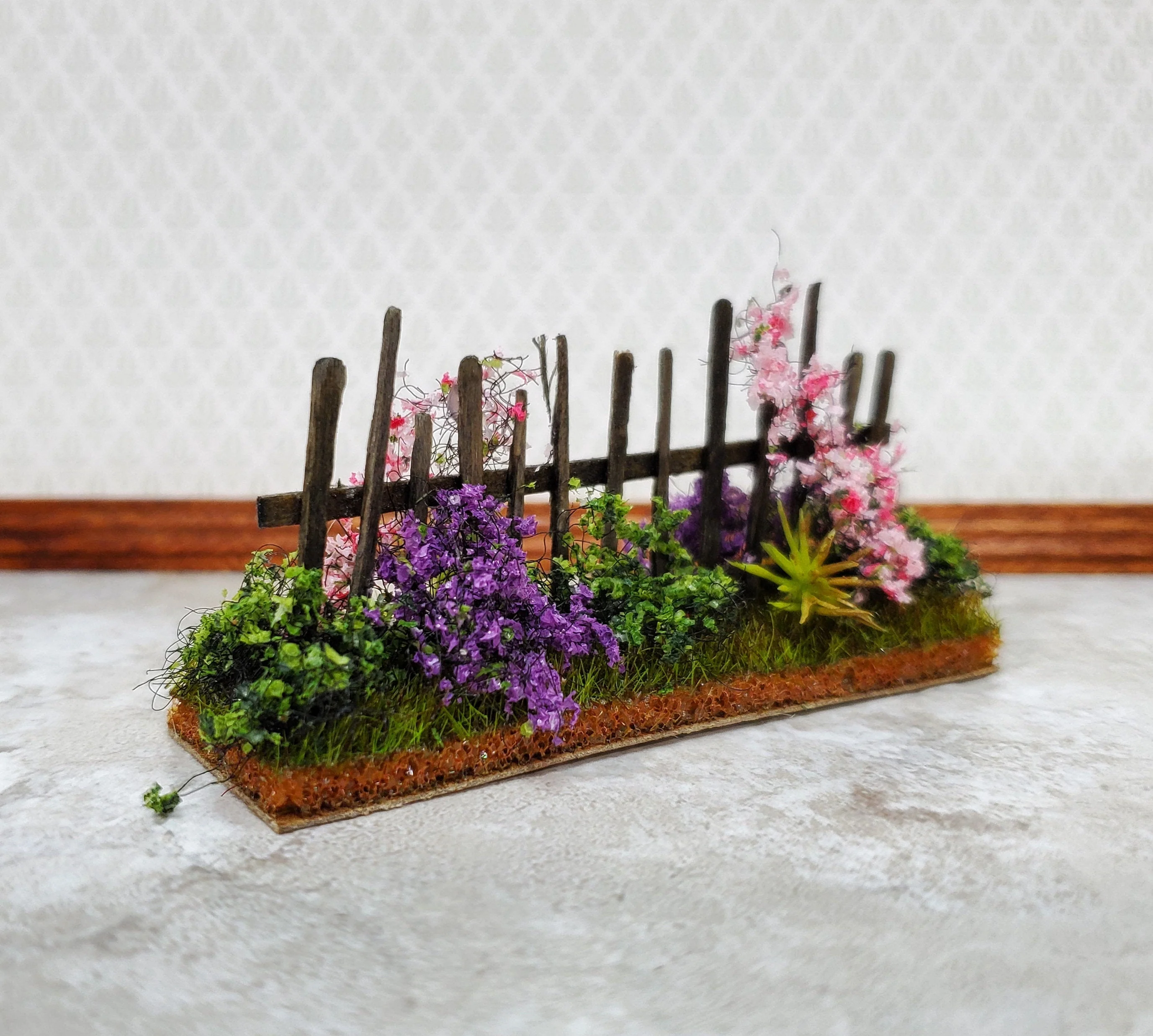 Dollhouse HALF SCALE Flowers with Fence Purple & Pink 1:12 Scale Miniature 2 Sided - Image 2