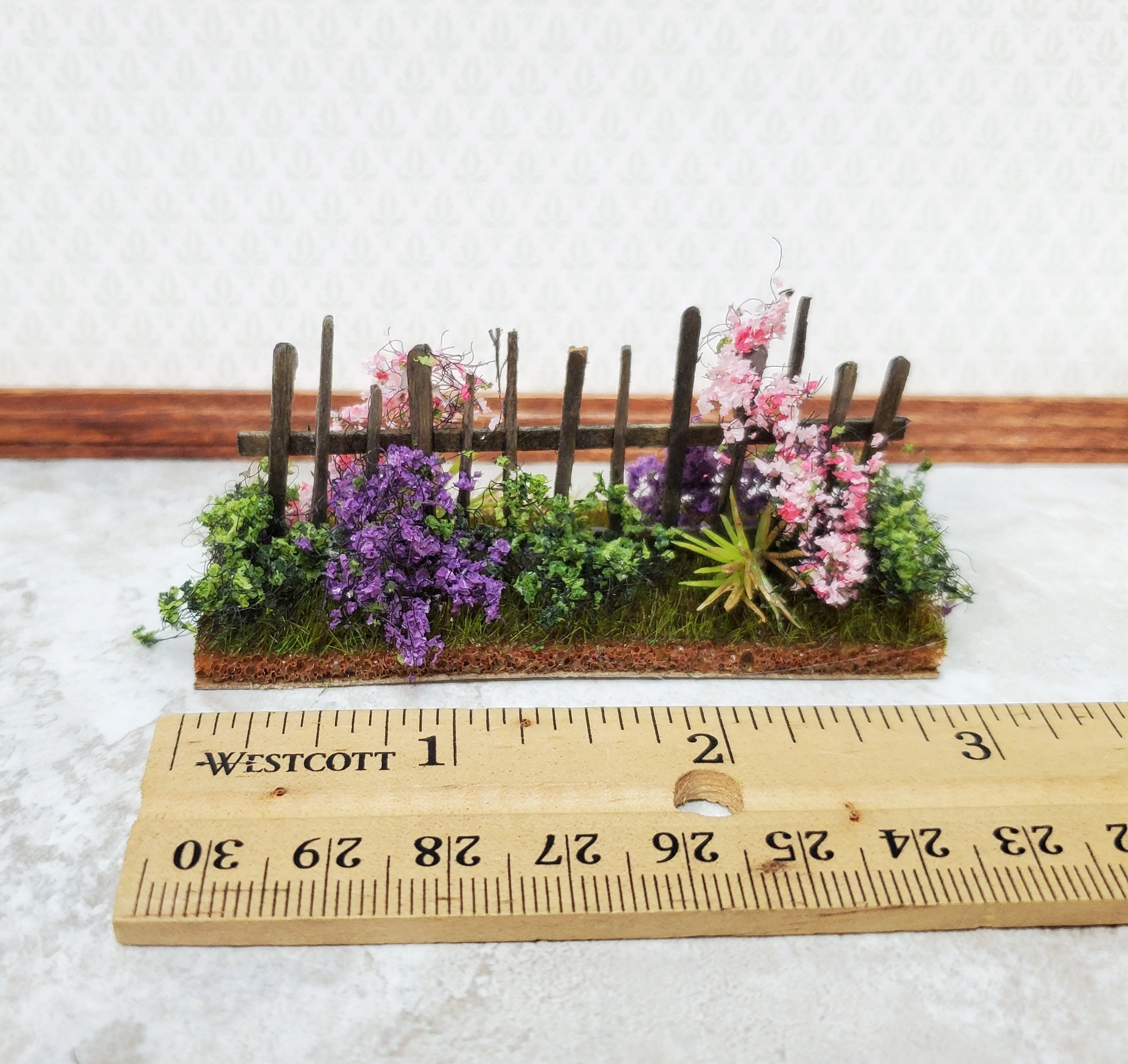 Dollhouse HALF SCALE Flowers with Fence Purple & Pink 1:12 Scale Miniature 2 Sided - Image 3
