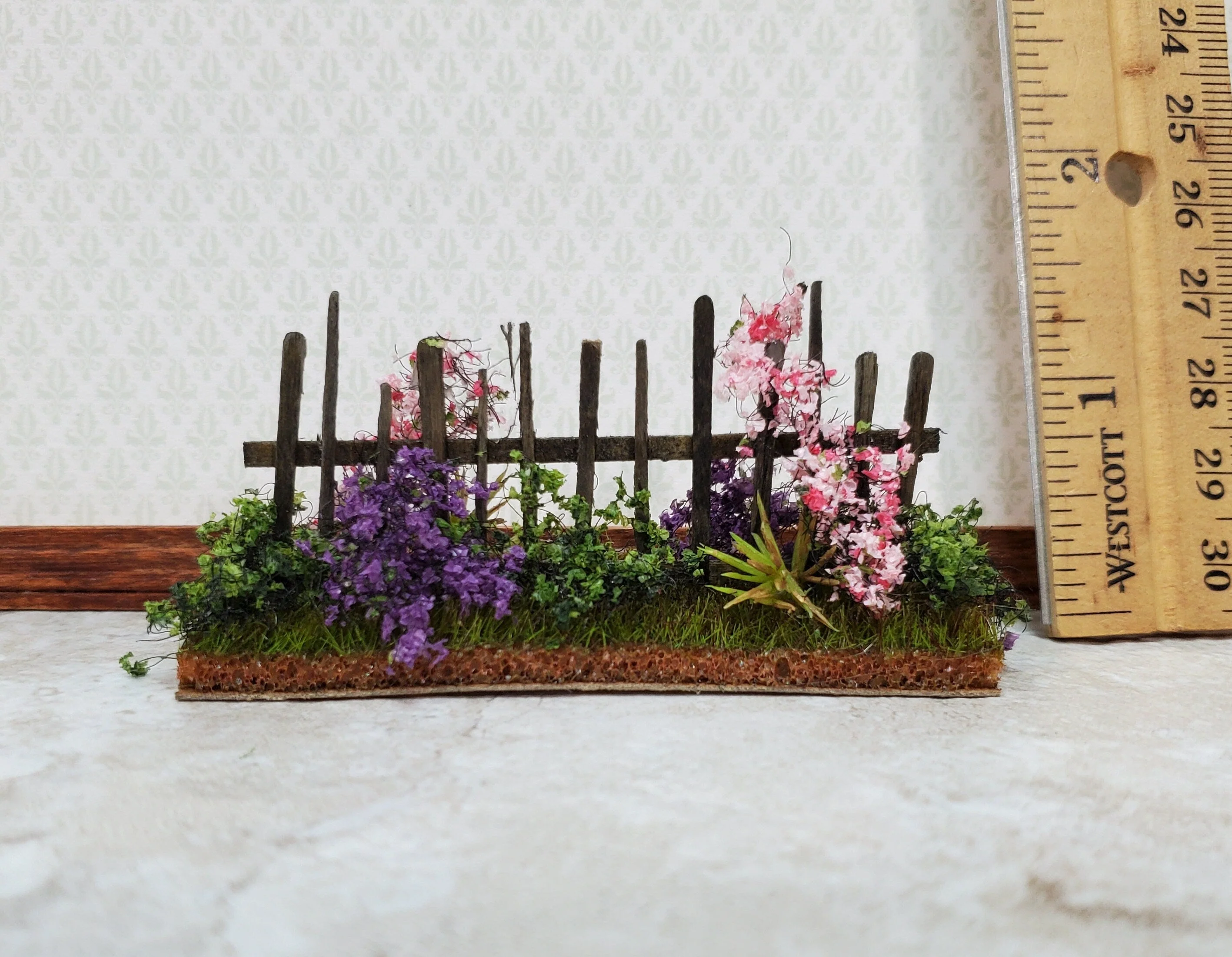 Dollhouse HALF SCALE Flowers with Fence Purple & Pink 1:12 Scale Miniature 2 Sided - Image 4