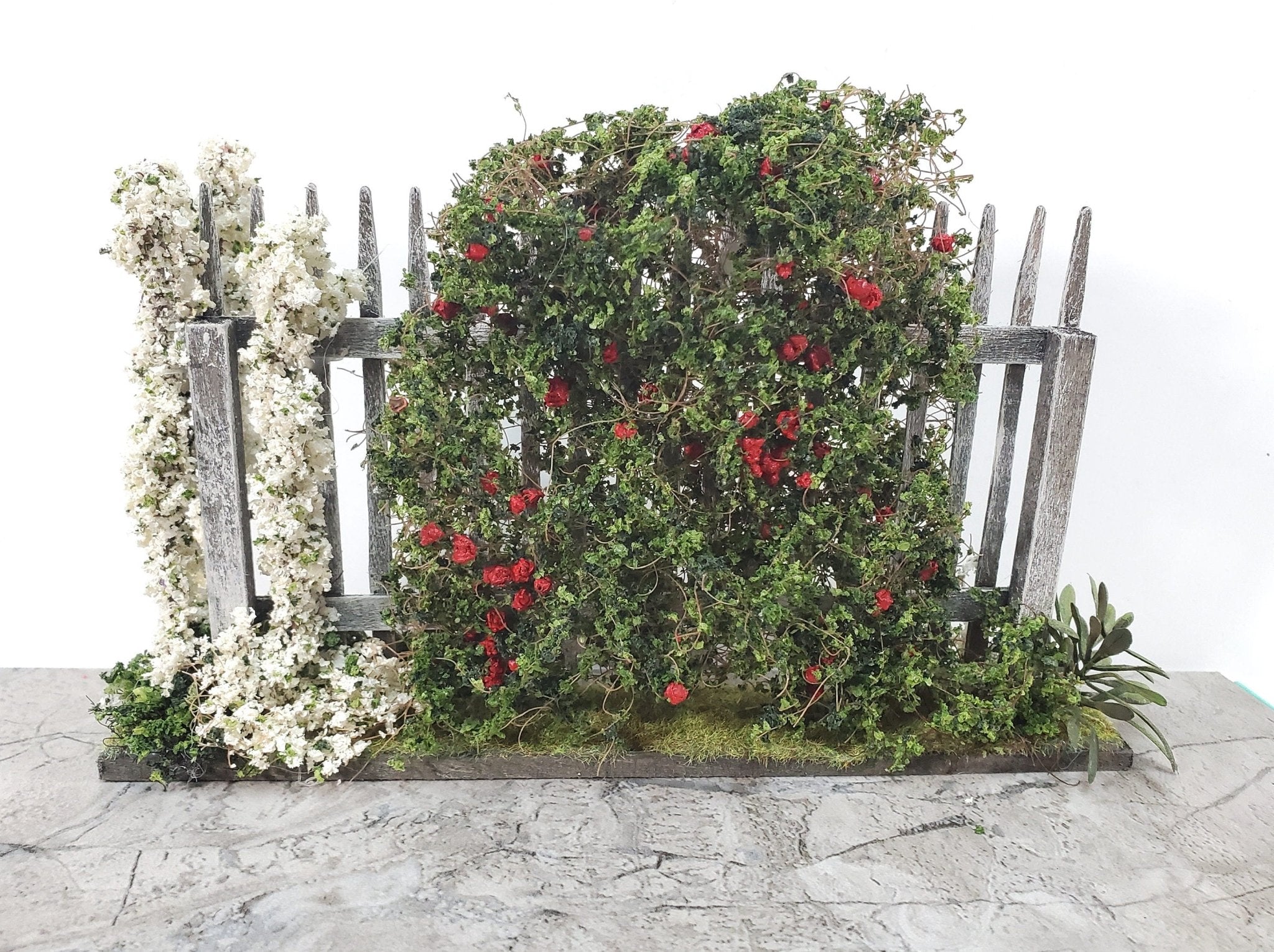 Dollhouse Flowers with Fence Red White Large 1:12 Scale Miniature 2 Sided - Image 2