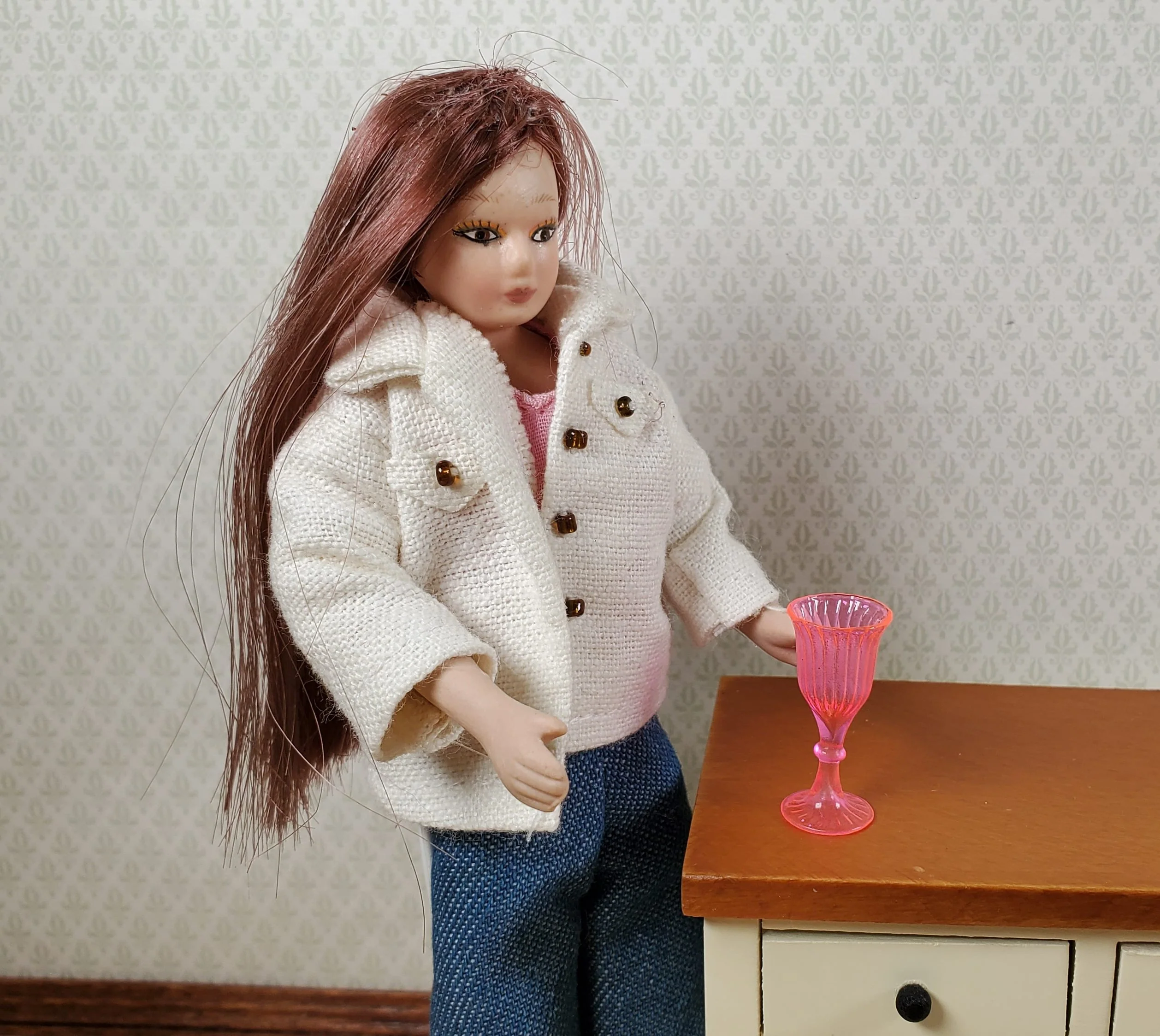Dollhouse Fluorescent Pink Cut Glass Wine or Water Glass Tall 1:12 Scale - Image 2