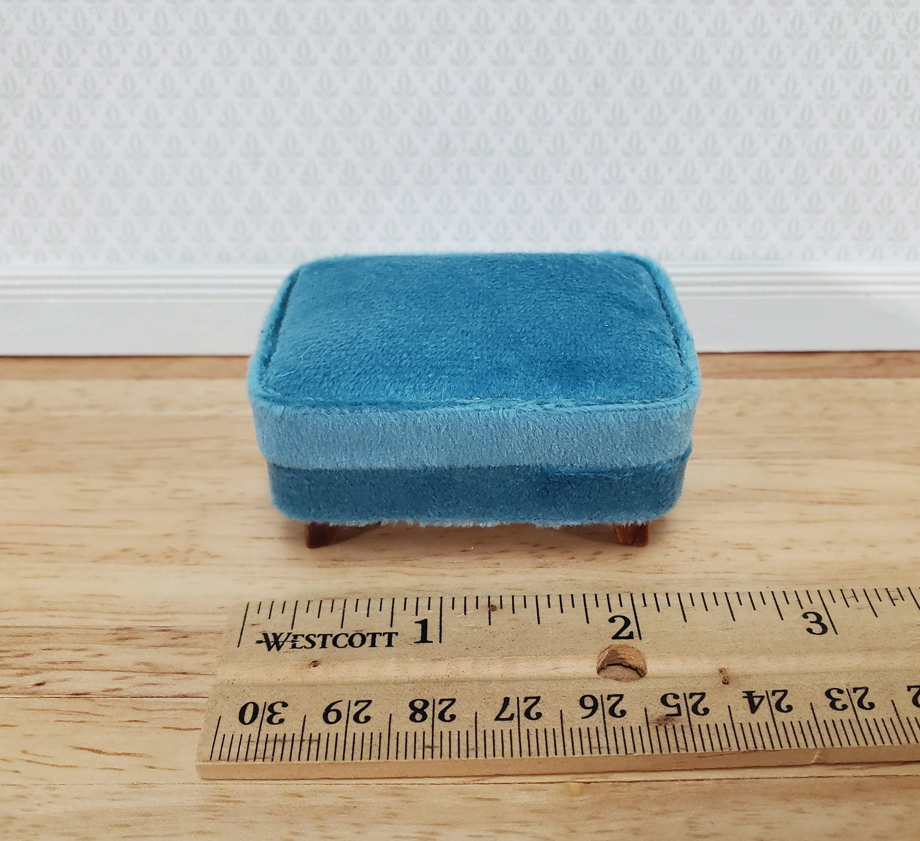 Dollhouse Footstool Ottoman Teal Fabric Modern Style 1:12 Scale Miniature Furniture - Image 3